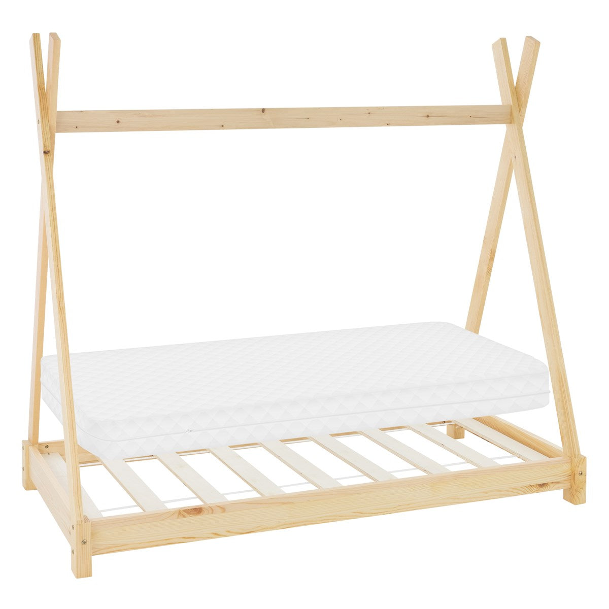 Bettgestell mit Matratze, in hellem Holz, im minimalistischen Design.