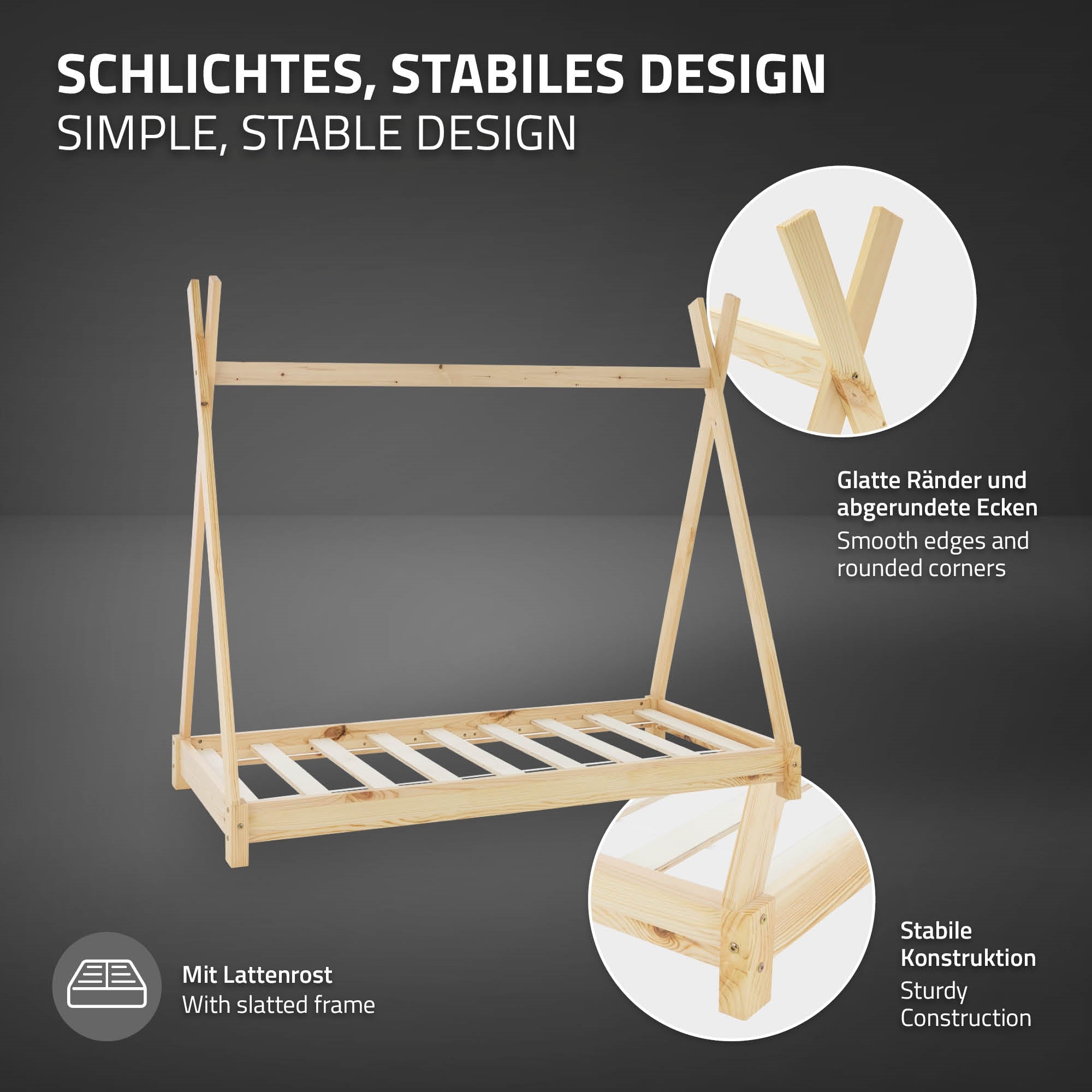 Illustration eines stabilen Kinderbettes mit slatted frame und abgerundeten Ecken.