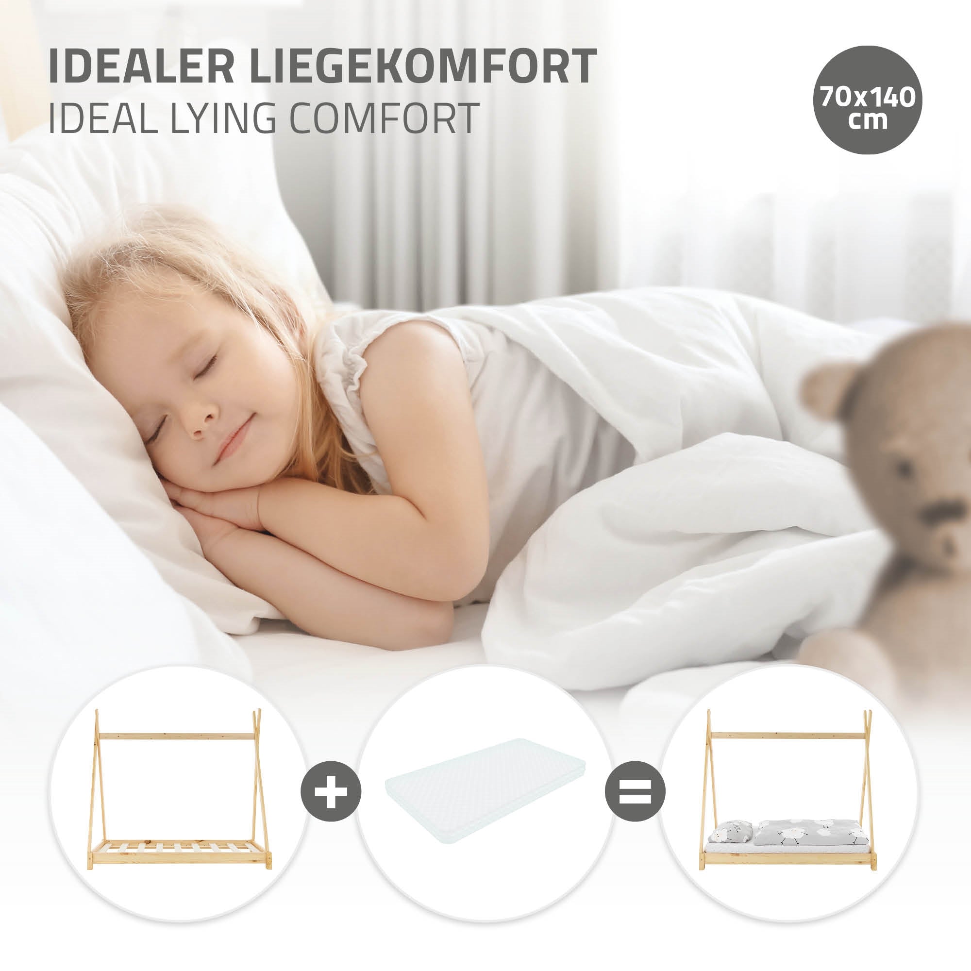 Kind schläft auf einer Matratze, umgeben von einem weißen Bettzeug.