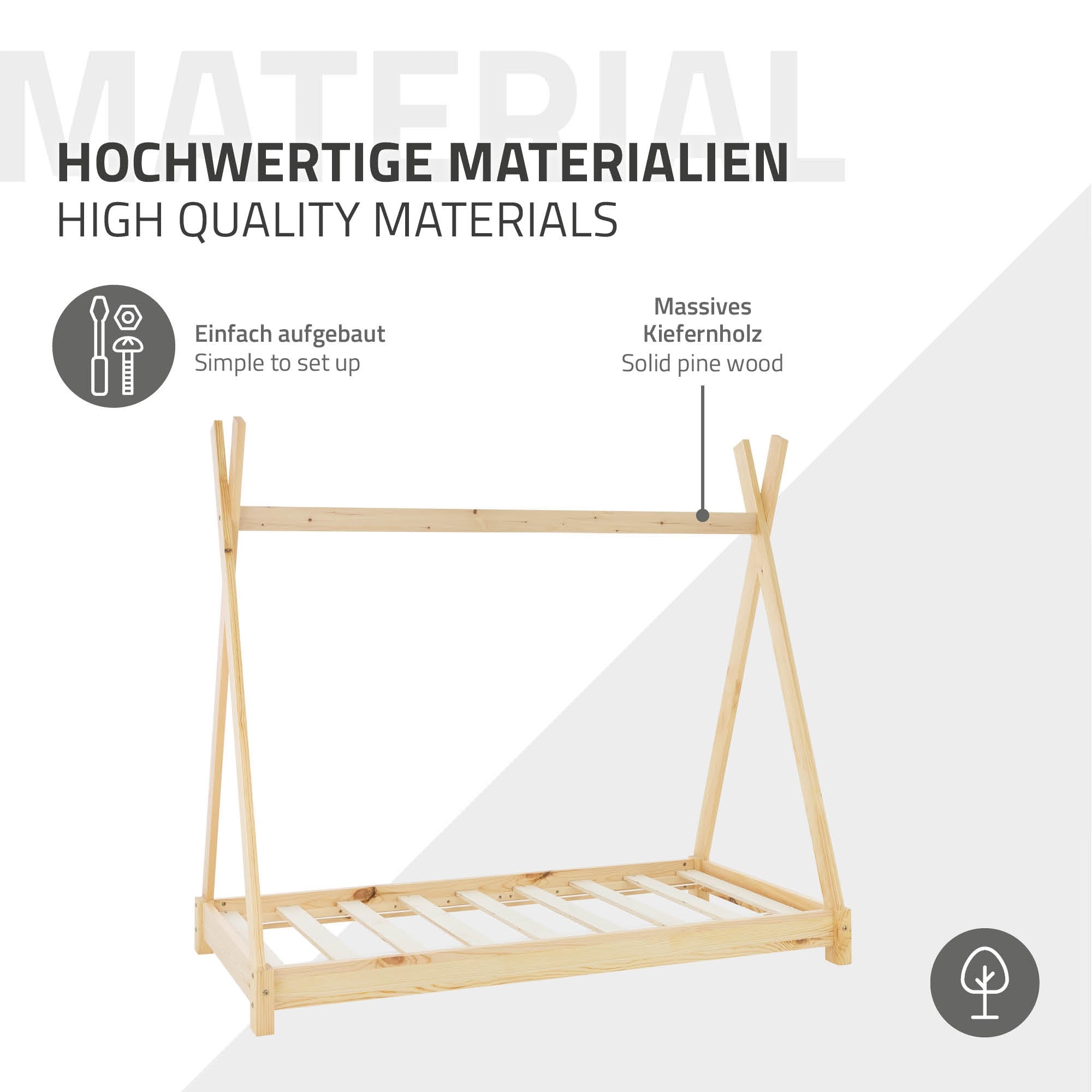 Bettgestell aus massivem Kiefernholz mit einfachem Aufbau.