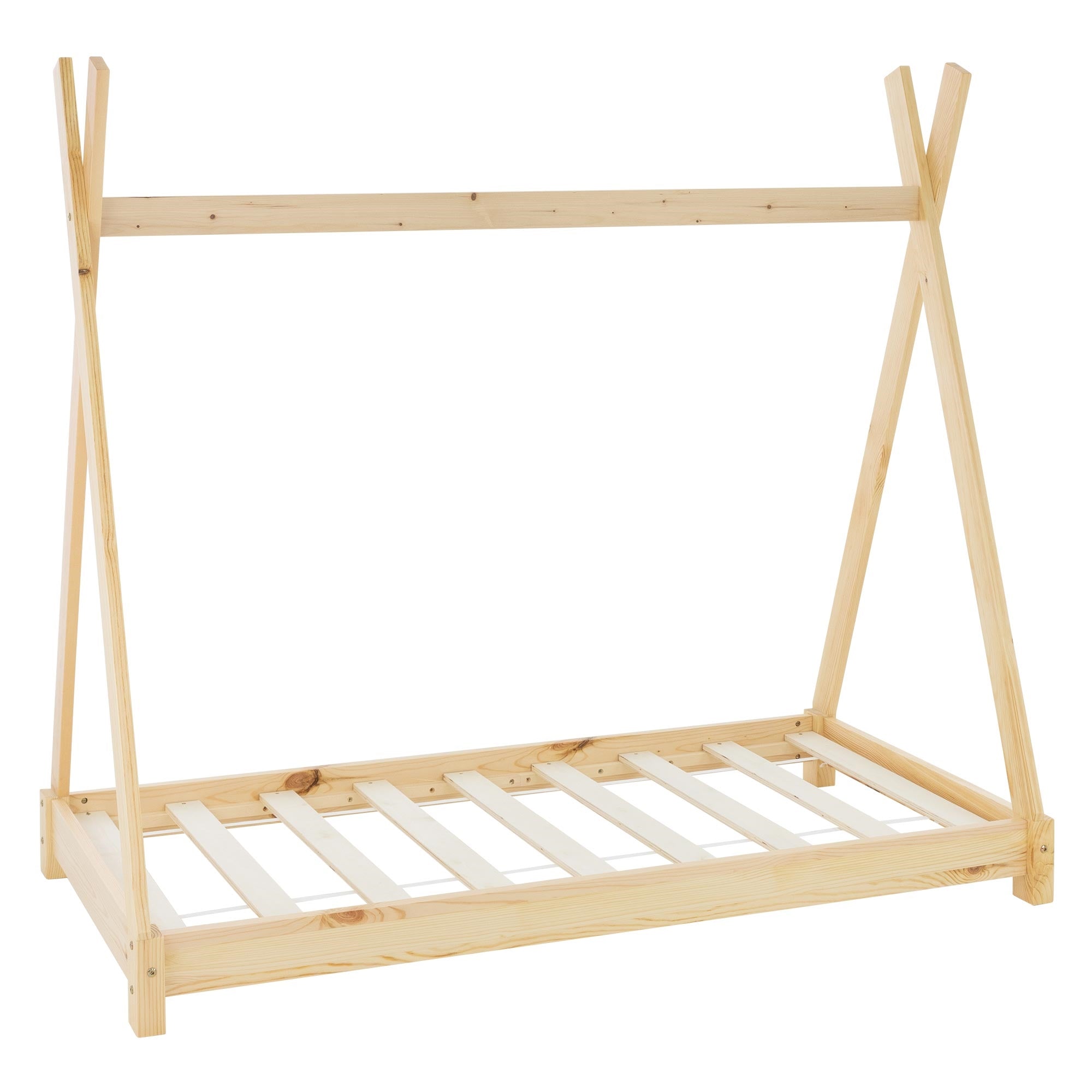 Ein unbehandeltes Holz-Bettgestell ohne Matratze.