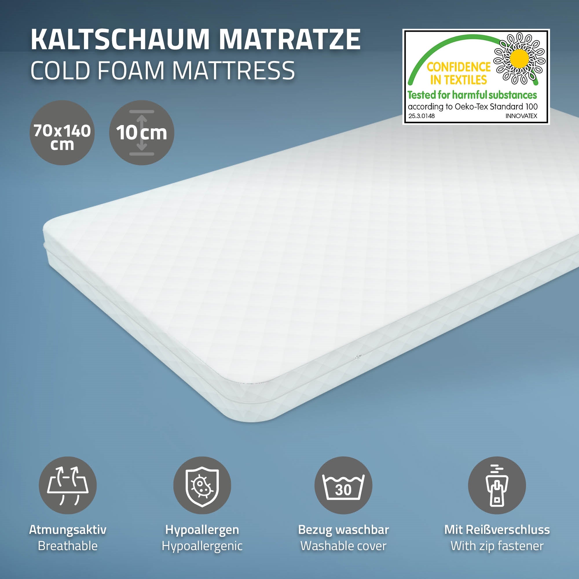 Kaltschaummatratze mit den Maßen 70x140 cm, 10 cm hoch, waschbarer Bezug.