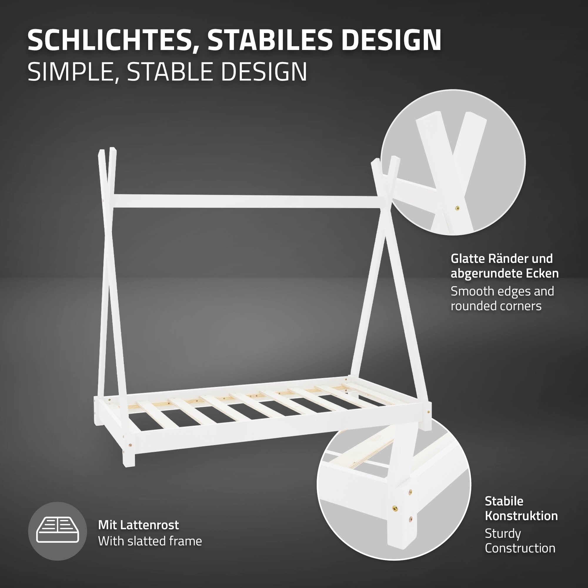 Illustration eines stabilen Kinderbettes mit glatten Rändern und abgerundeten Ecken.
