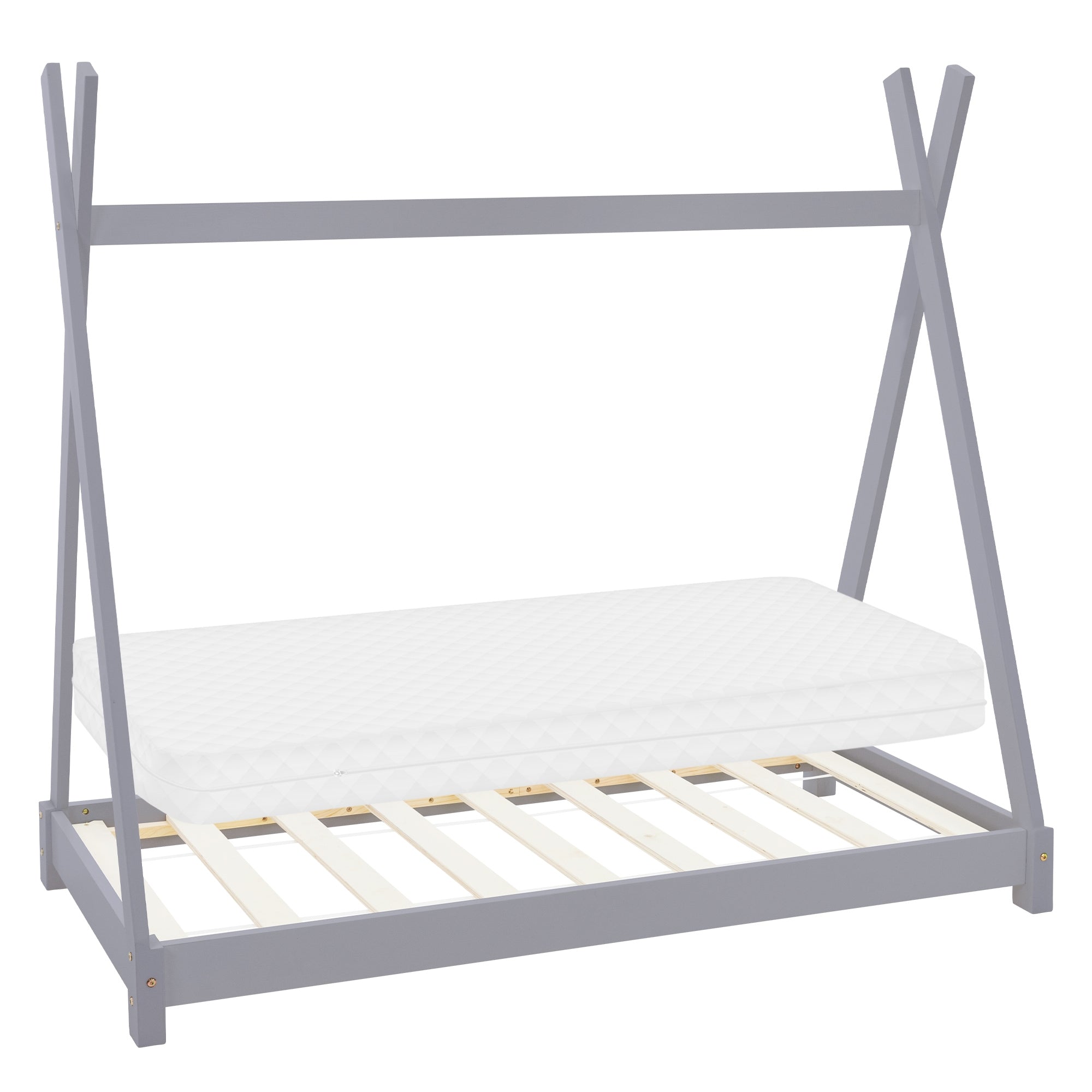 Graues Kinderbett mit Dachform und Matratze, ohne Bettwäsche.