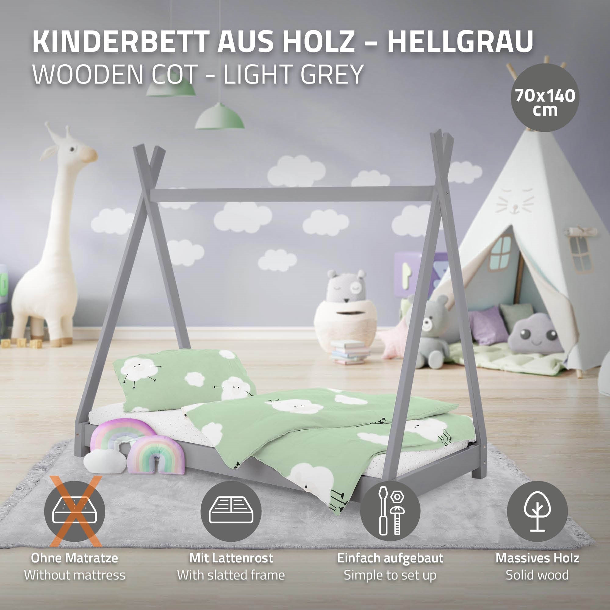 Grafik eines hellgrauen Kinderbetts mit Beschreibung und Abmessungen.