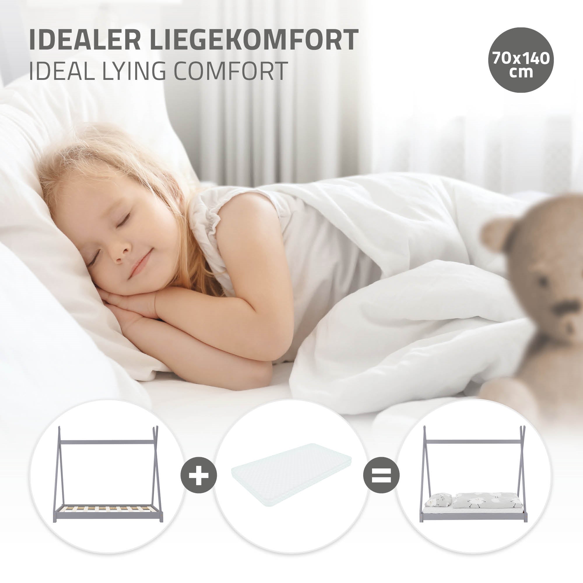 Ein schlafendes Kind auf einem Kissen mit einer Decke, in einem hellen Raum.