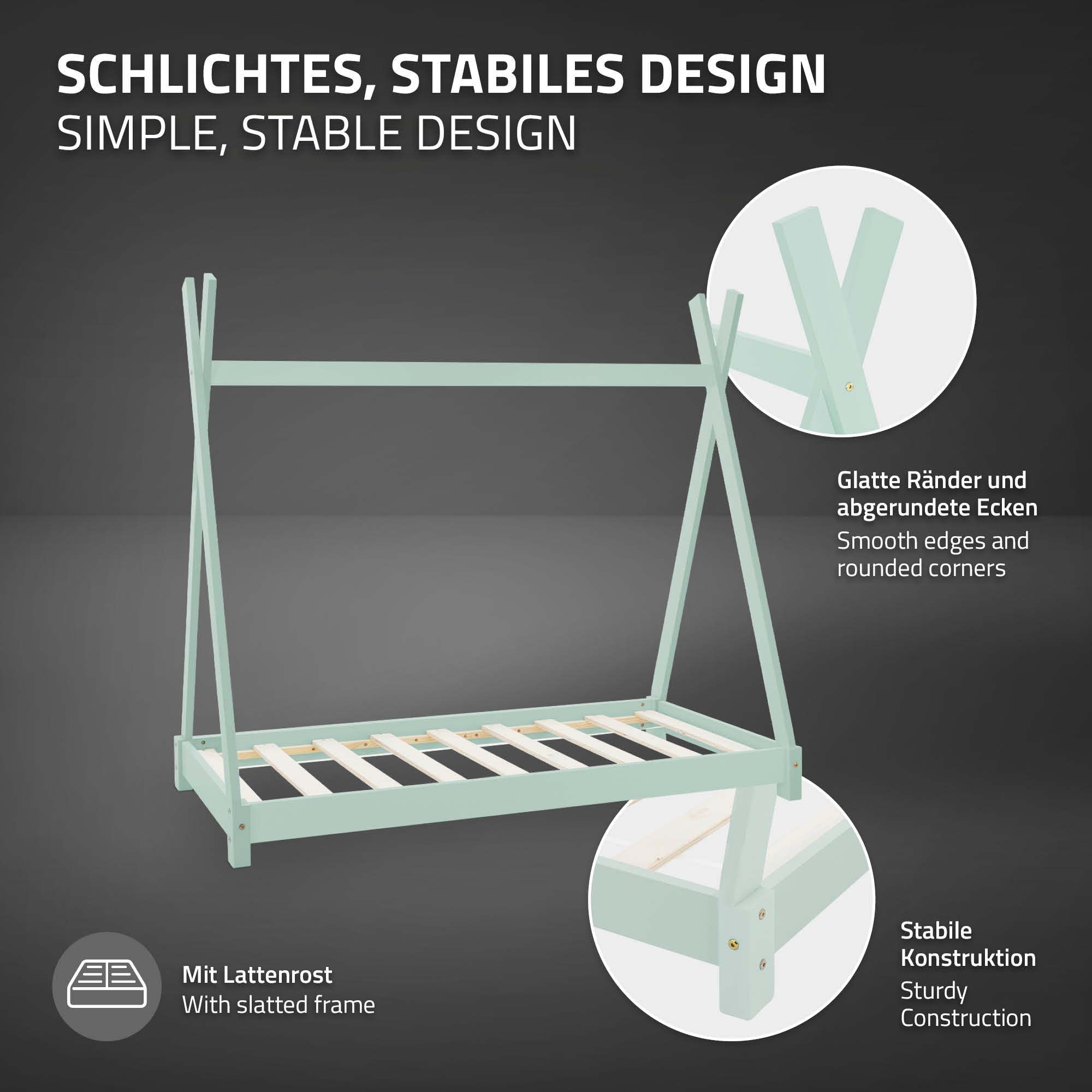 Ein Bettgestell mit glatten Rändern und abgerundeten Ecken.