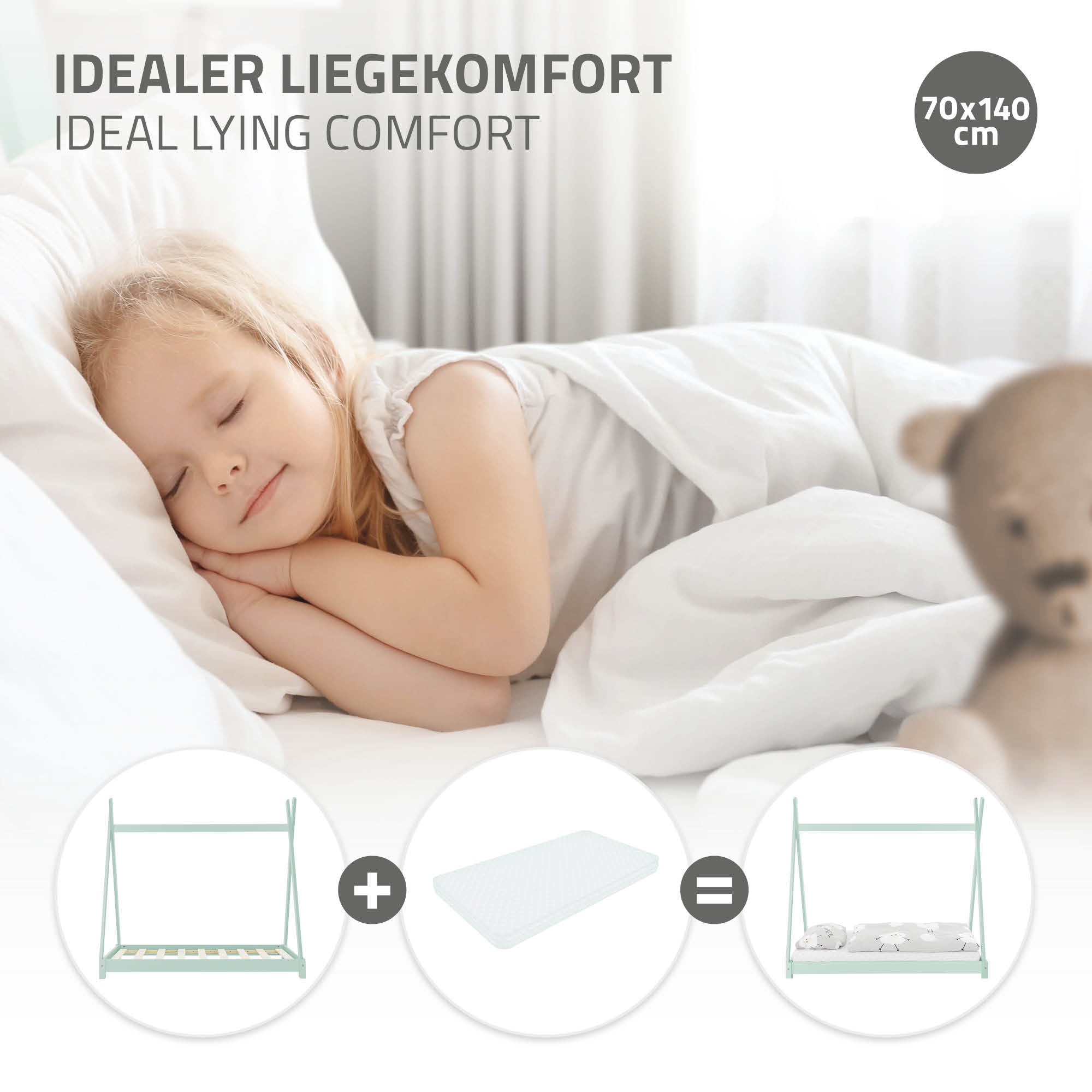 Ein schlafendes Kind auf einem Bett mit Kissen und Decke.