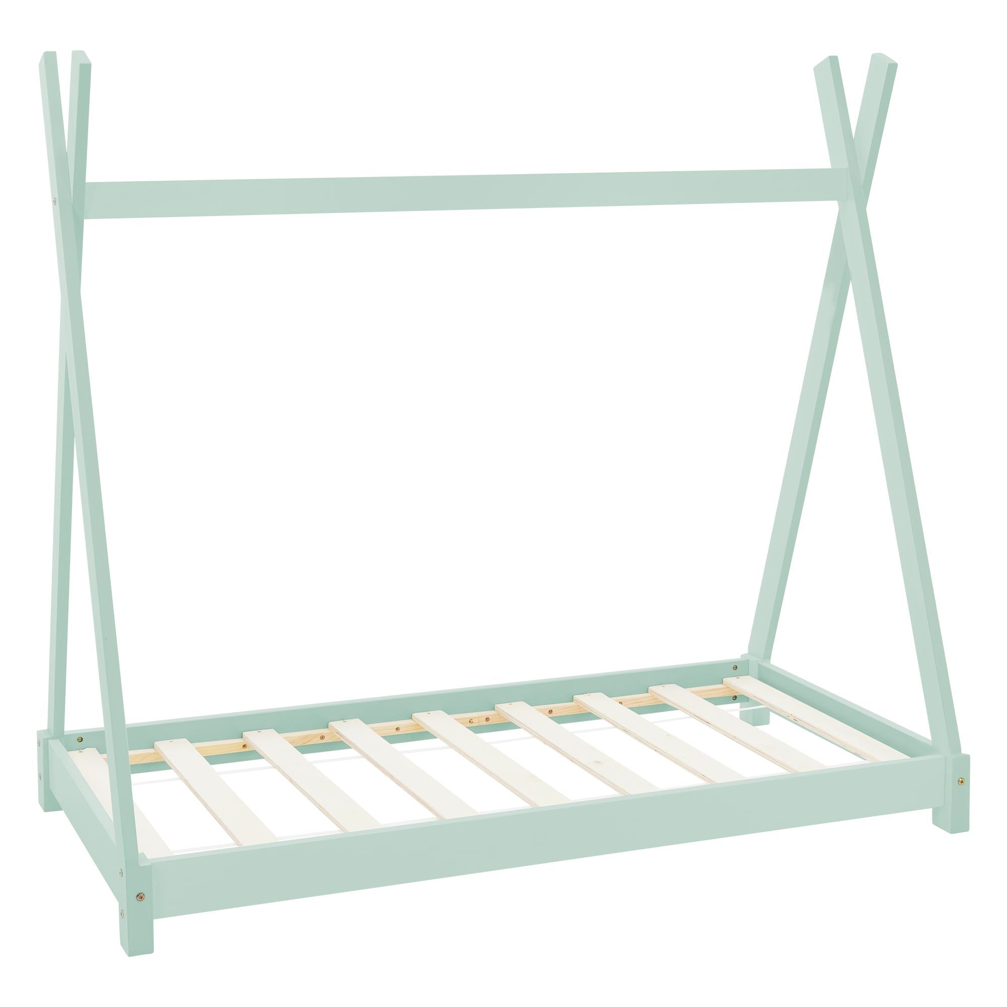 Ein mintgrünes Bettgestell mit schlichten, stabilen Design und slatted frame.