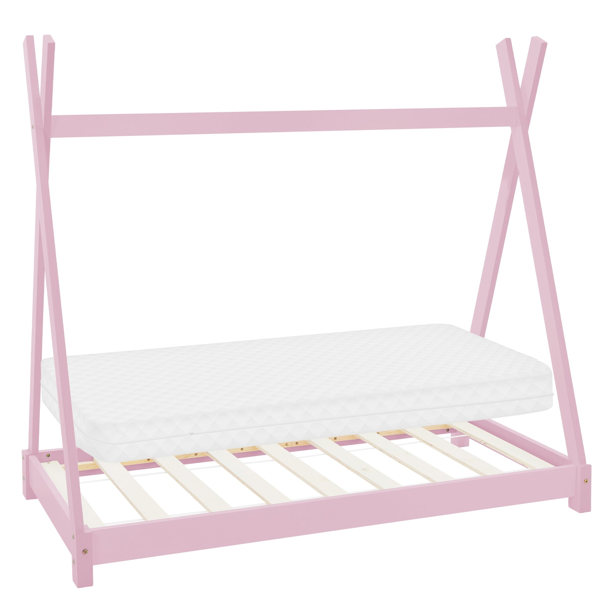 Cadre de lit rose avec matelas et sommier à lattes.
