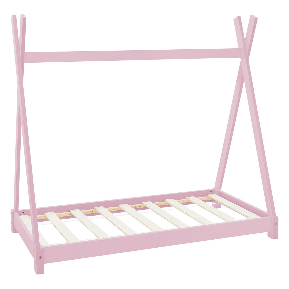 Ein rosa Kinderbett mit einem stabilen Gestell und Lattenrost.