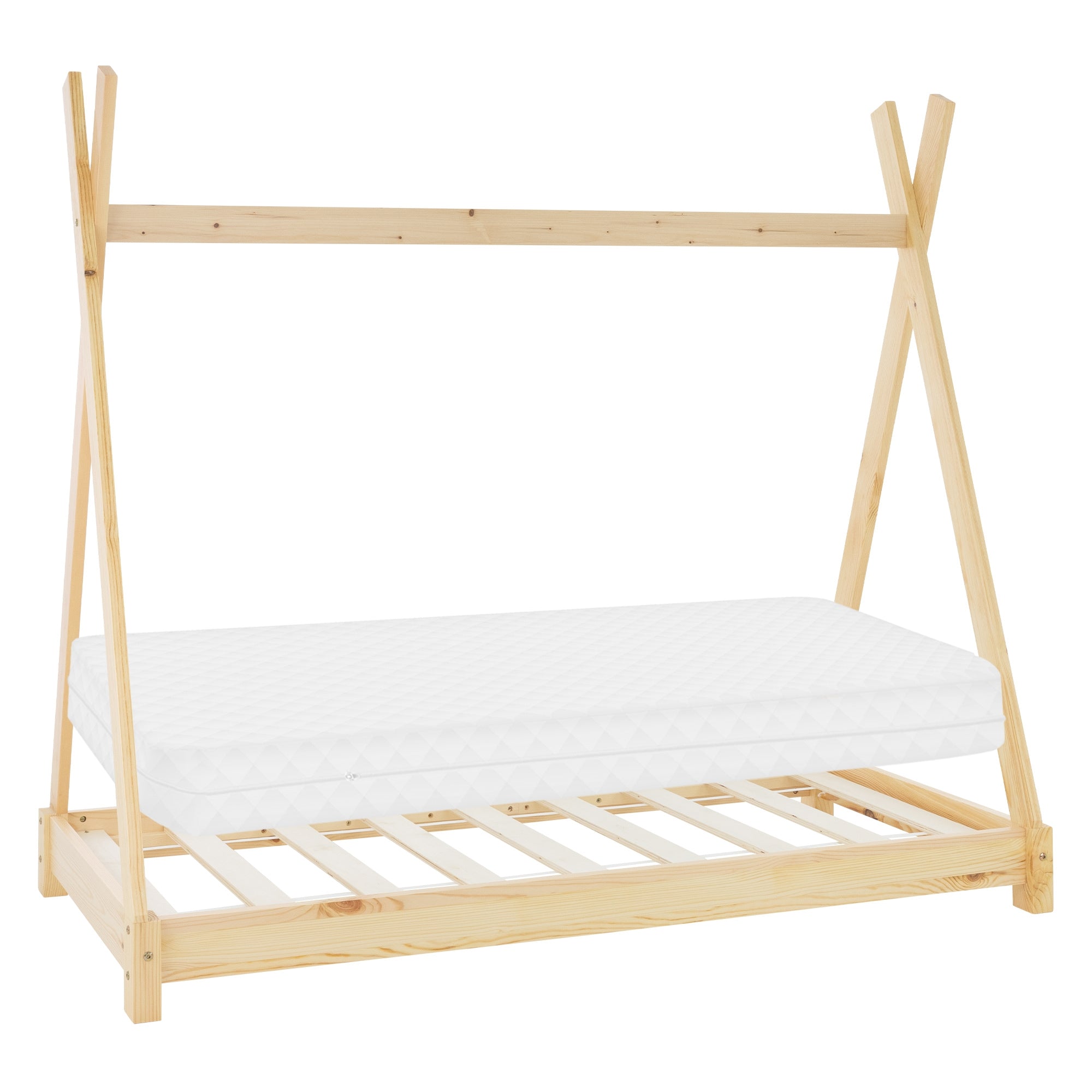 Un lit pour enfant simple en bois avec un matelas sans literie.