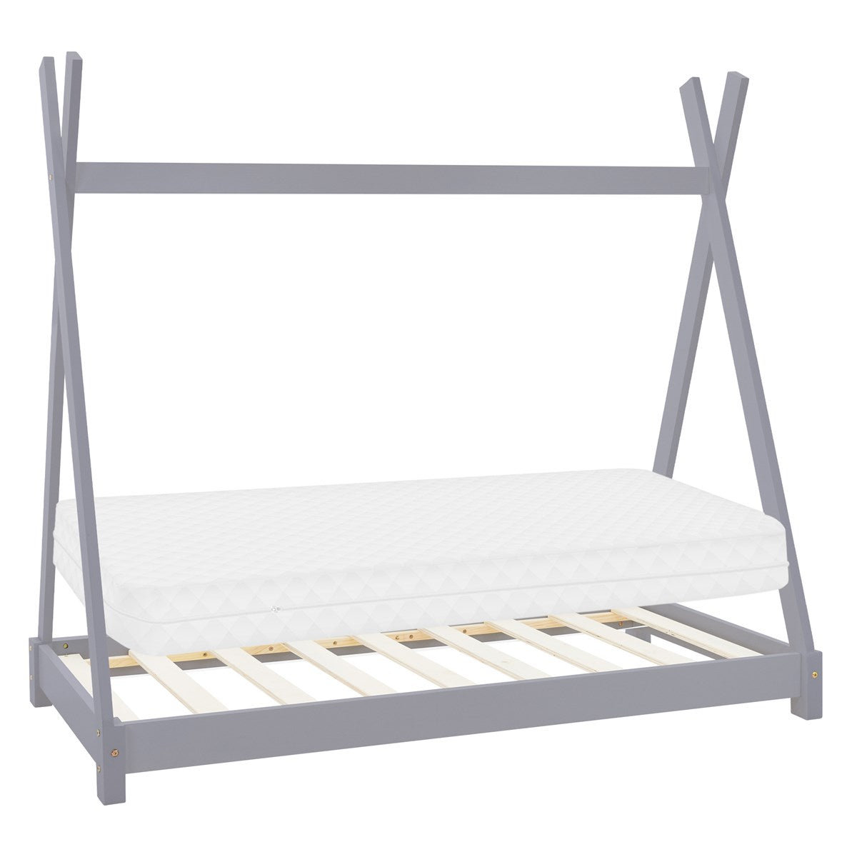 Bettgestell in grauer Farbe mit Matratze, auf einem slatted frame.