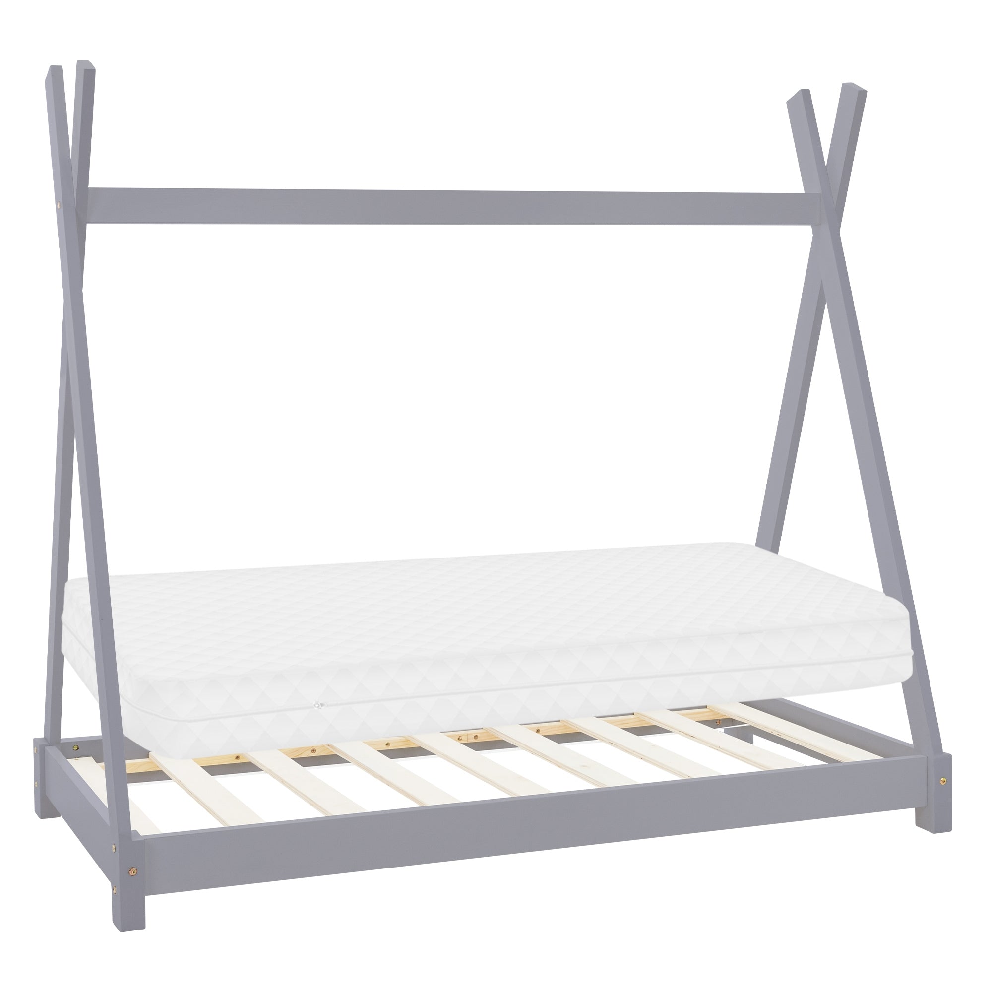 Bettgestell in grauer Farbe mit Matratze, auf einem slatted frame.