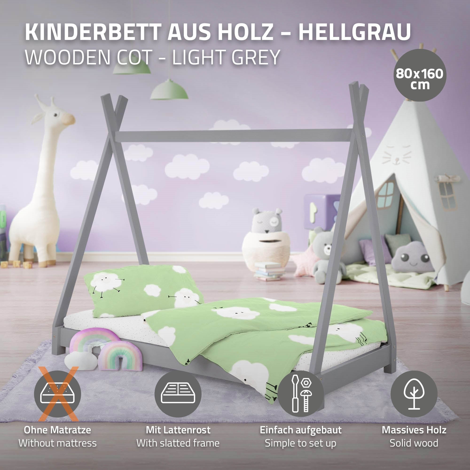 Kinderbett in hellgrau mit Matratze und Laken.