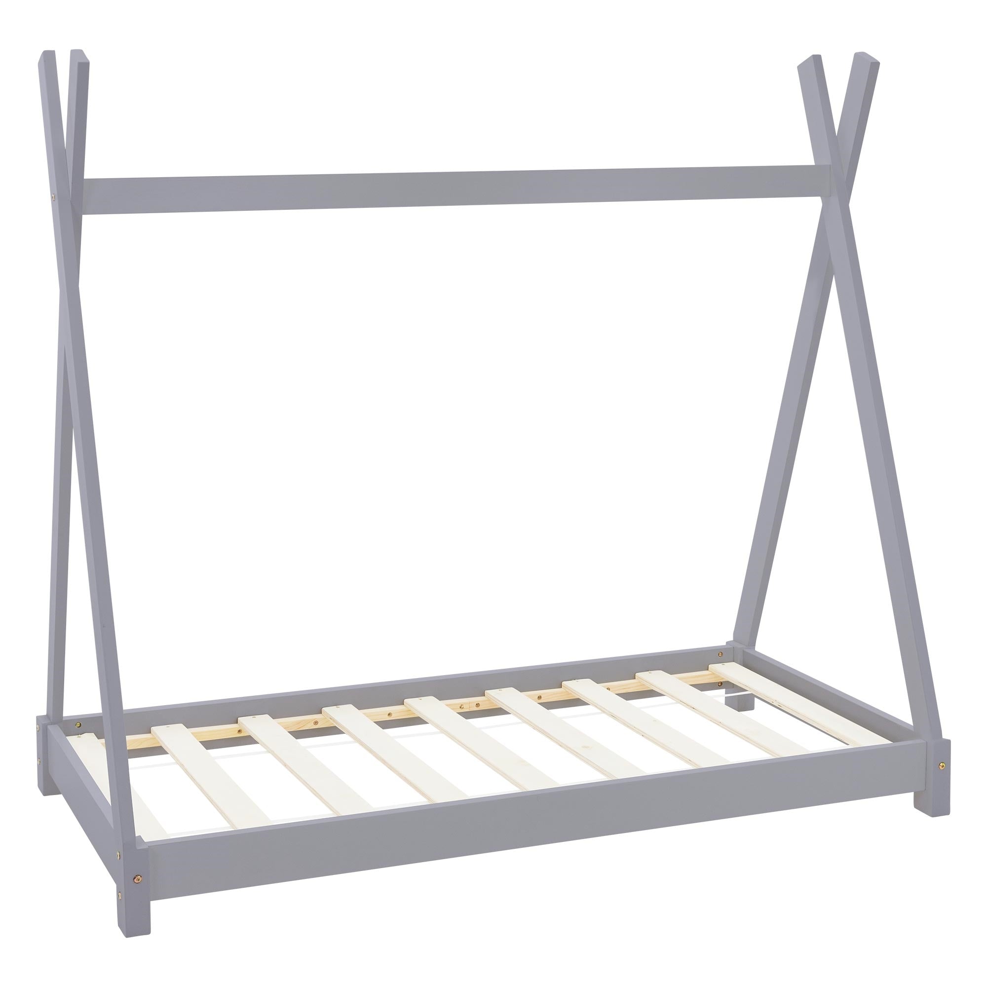 Mintfarbenes Kinderbett aus Holz mit Lattensystem.