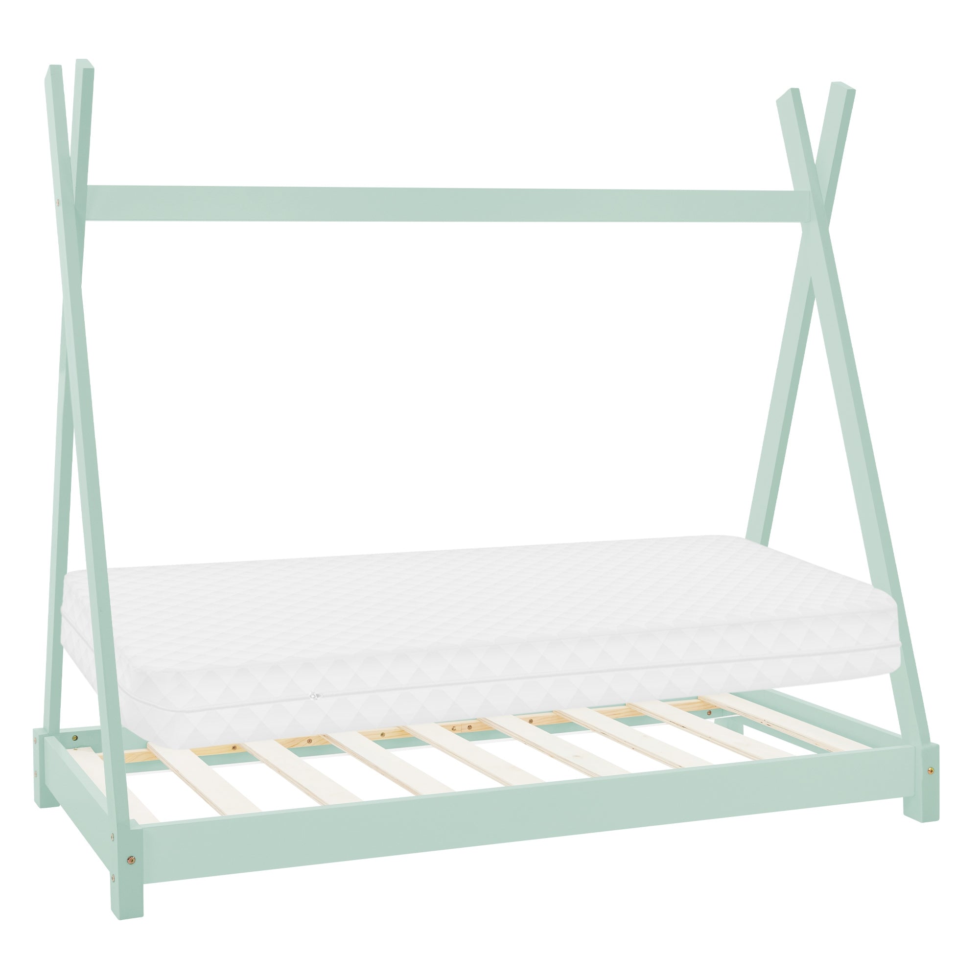 Un lit d'enfant de style tente avec un matelas et un cadre en bois.