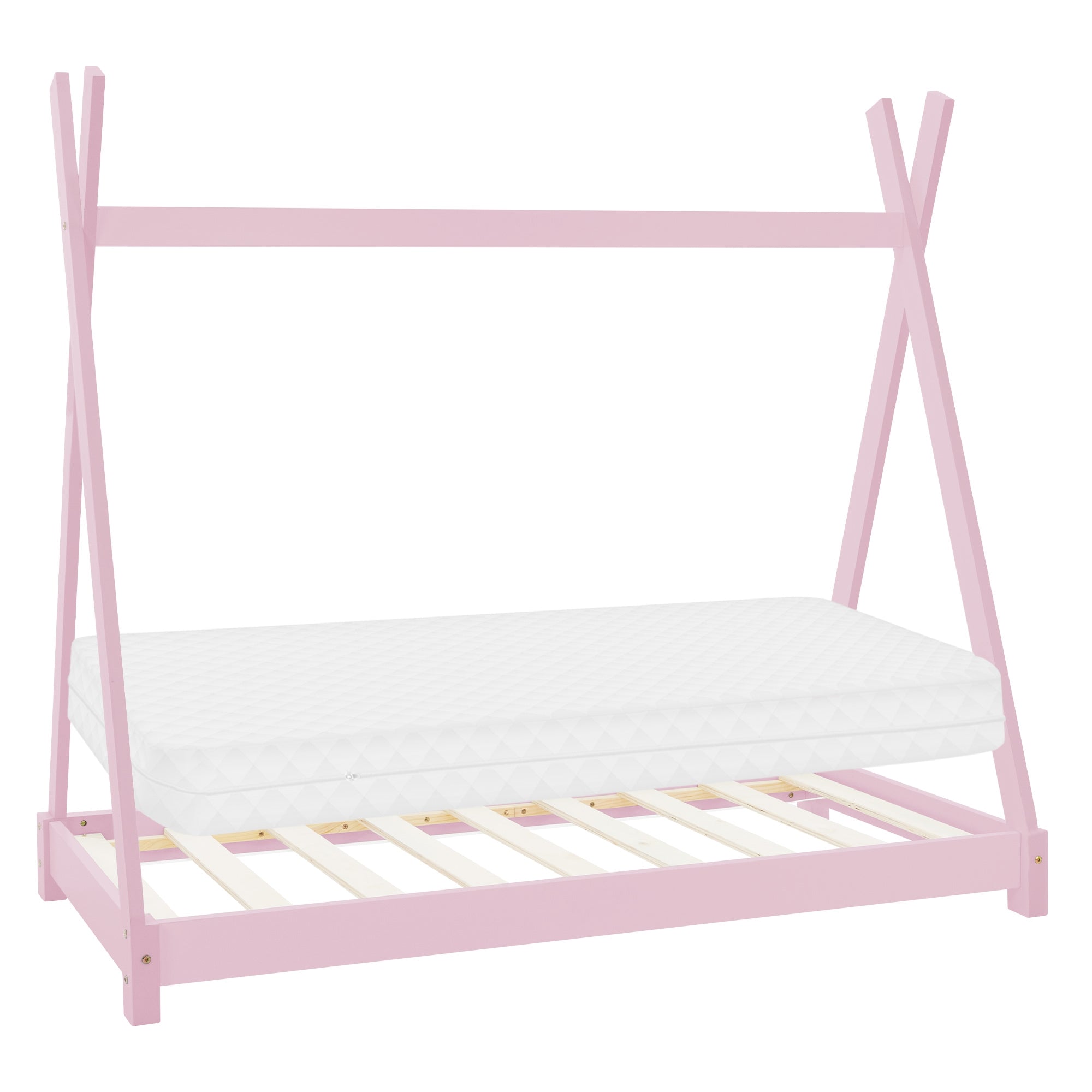 Lit d'enfant rose avec structure de tente et matelas.
