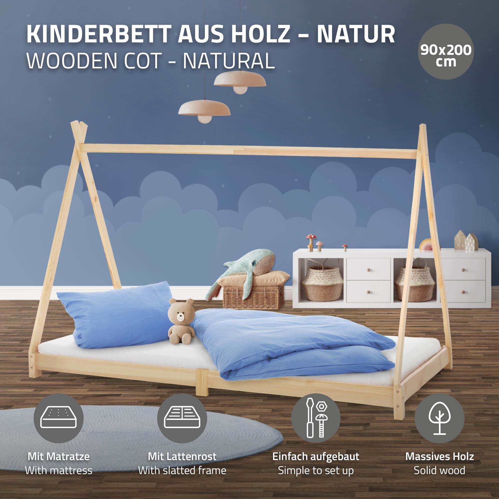 Holz-Kinderbett mit Matratze, einfach aufzubauen, 90x200 cm.