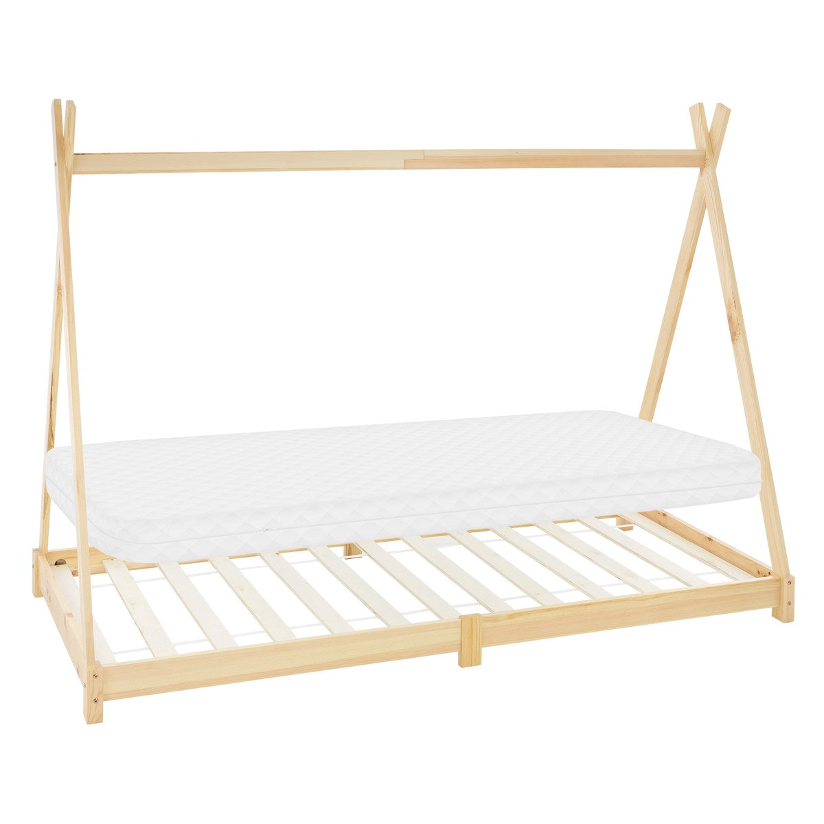 Holzgestell für ein Kinderbett mit Matratze und Lattenrost.