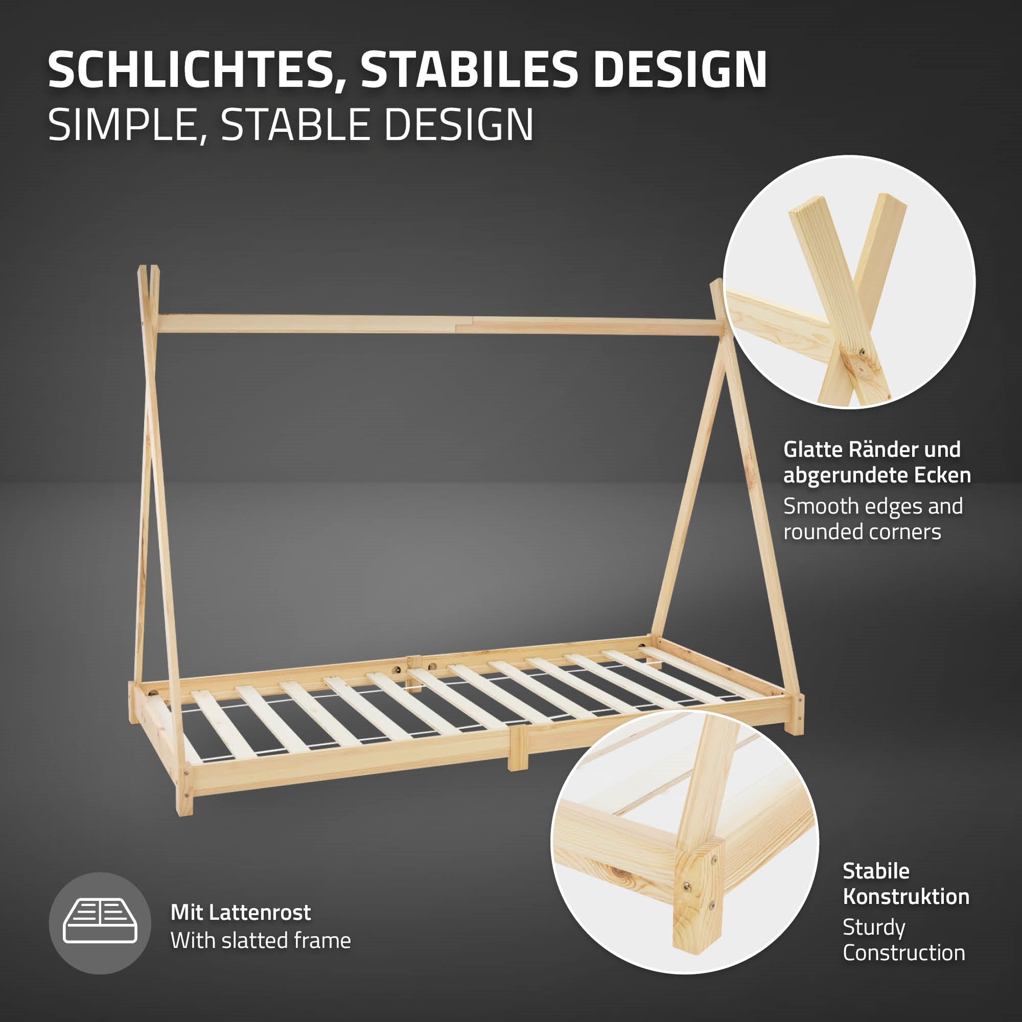 Holz-Kinderbett mit slatted frame und stabiler Konstruktion.