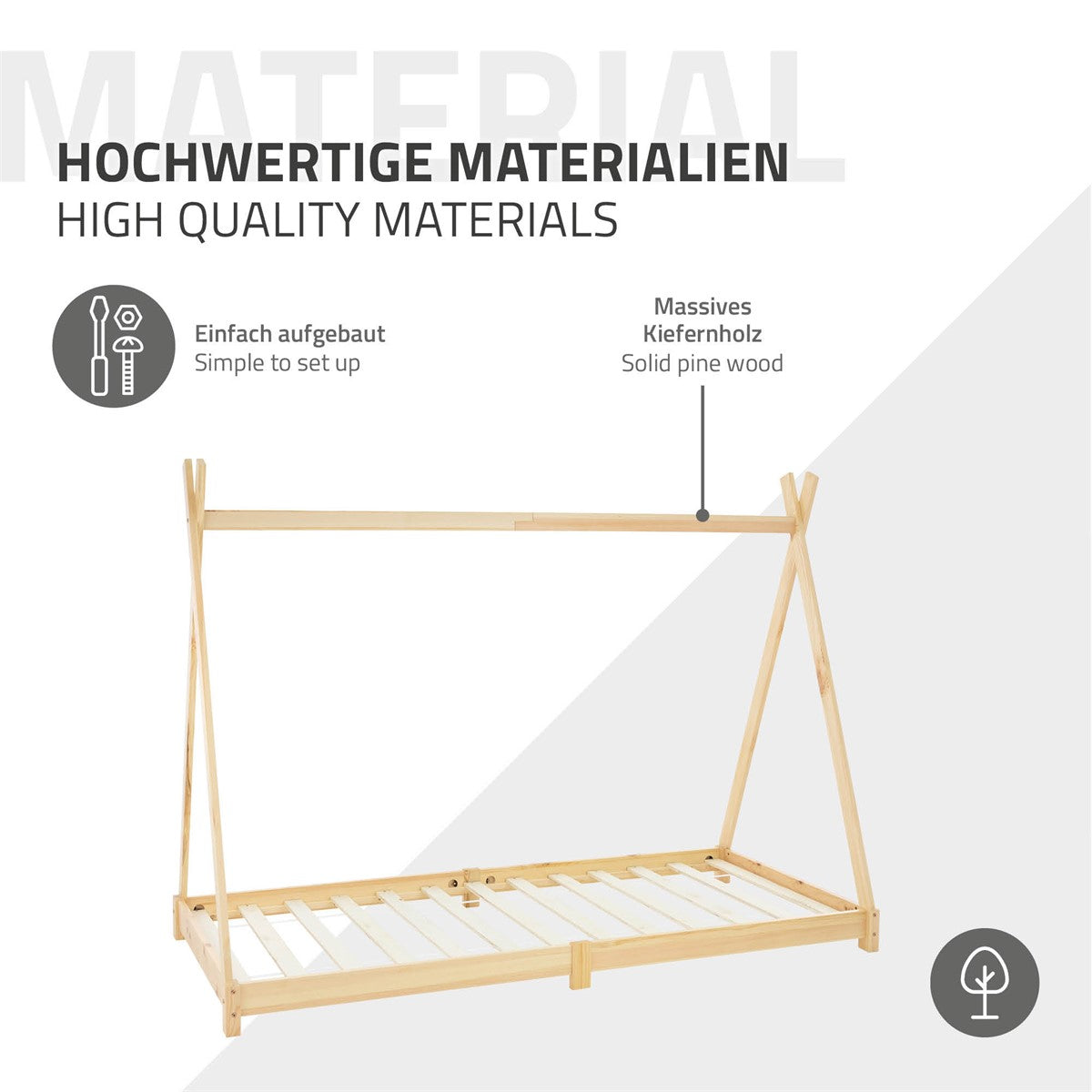 Houten frame voor een bed van massief vurenhout, met tekst over hoogwaardige materialen.