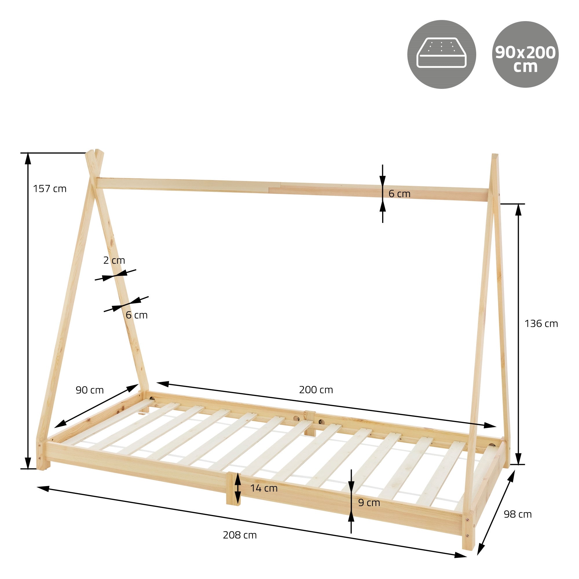 Holzrahmenbett mit Maßen 90x200 cm und 157 cm Höhe.