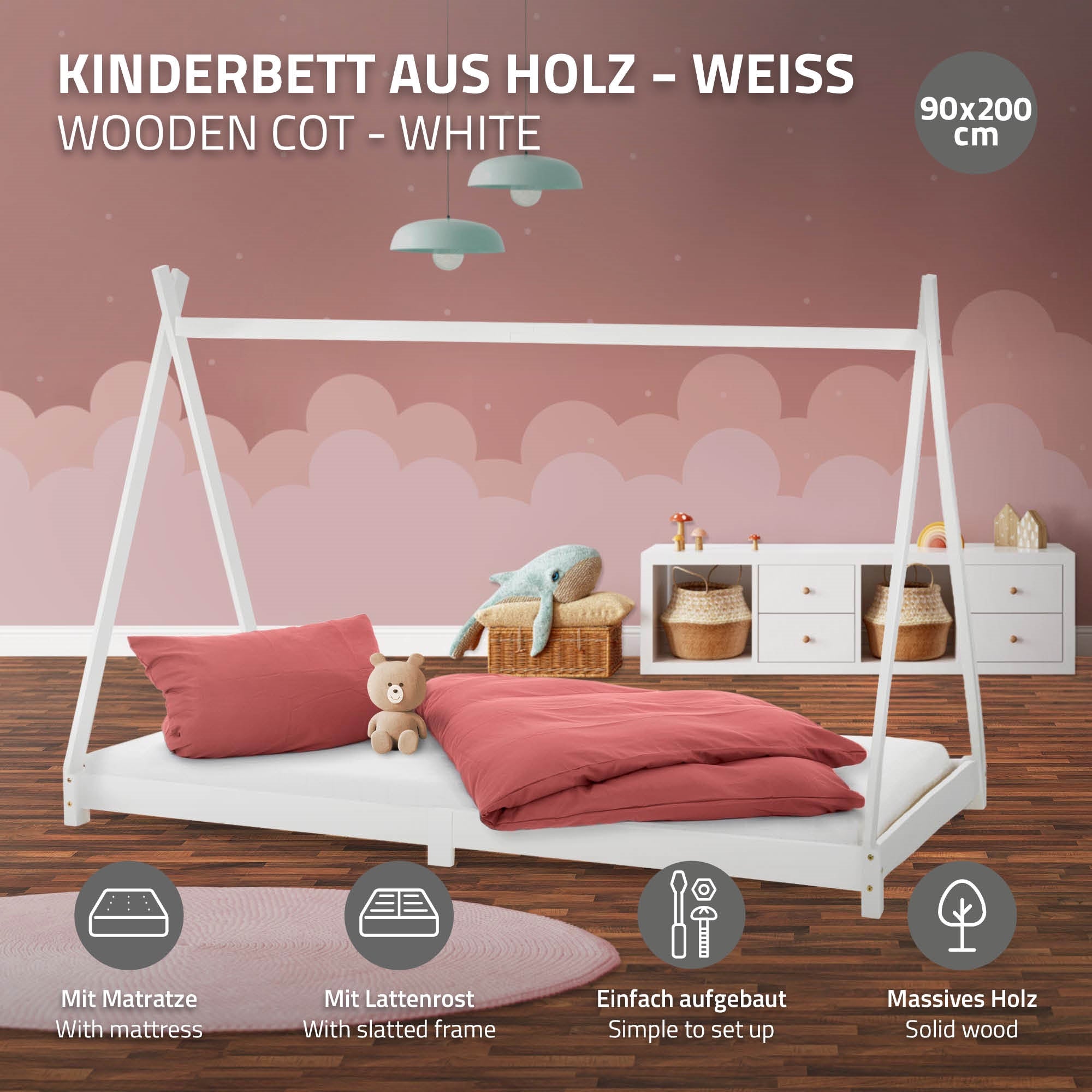 Kinderbett aus Holz in weiß mit Matratze und Kissen, 90x200 cm.