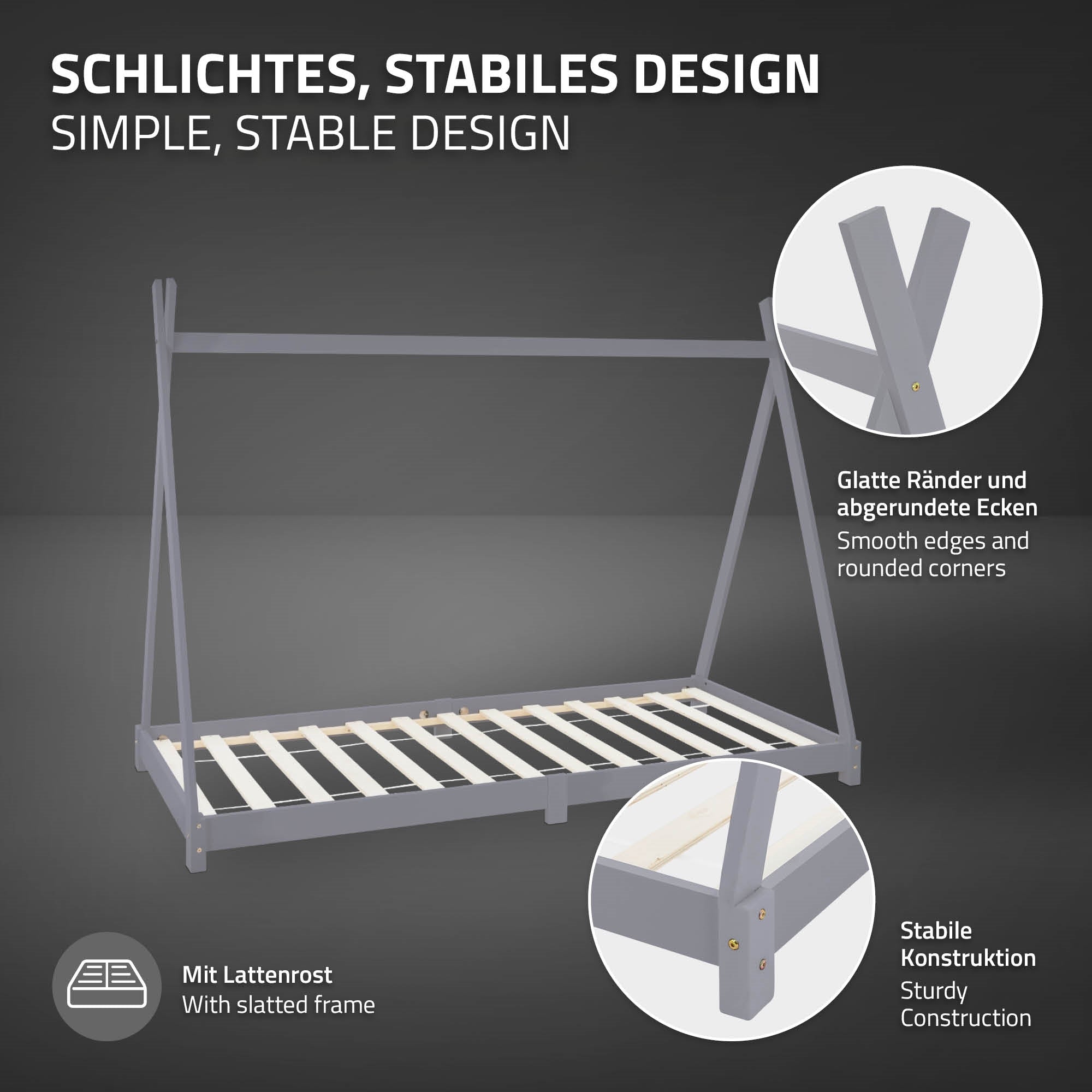 Holzrahmen eines Bettes in grau mit Beschreibung des Designs.