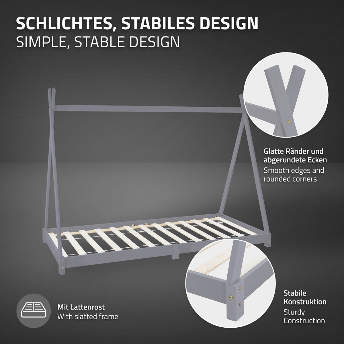 Ein graues Bettgestell mit Lattenrost und Informationen zu Design und Stabilität.