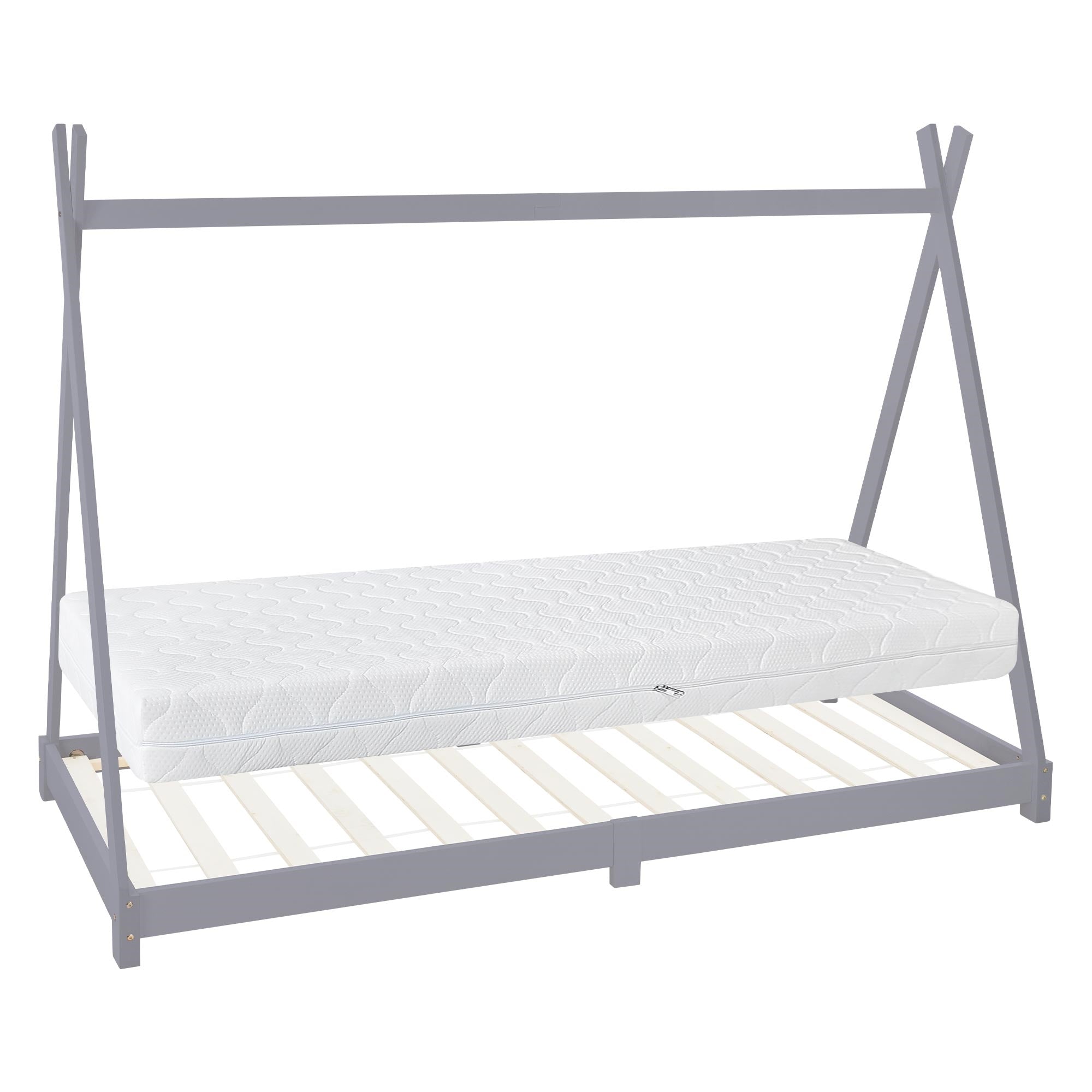 Hochbett mit grauem Gestell und weißer Matratze auf Lattenrost.