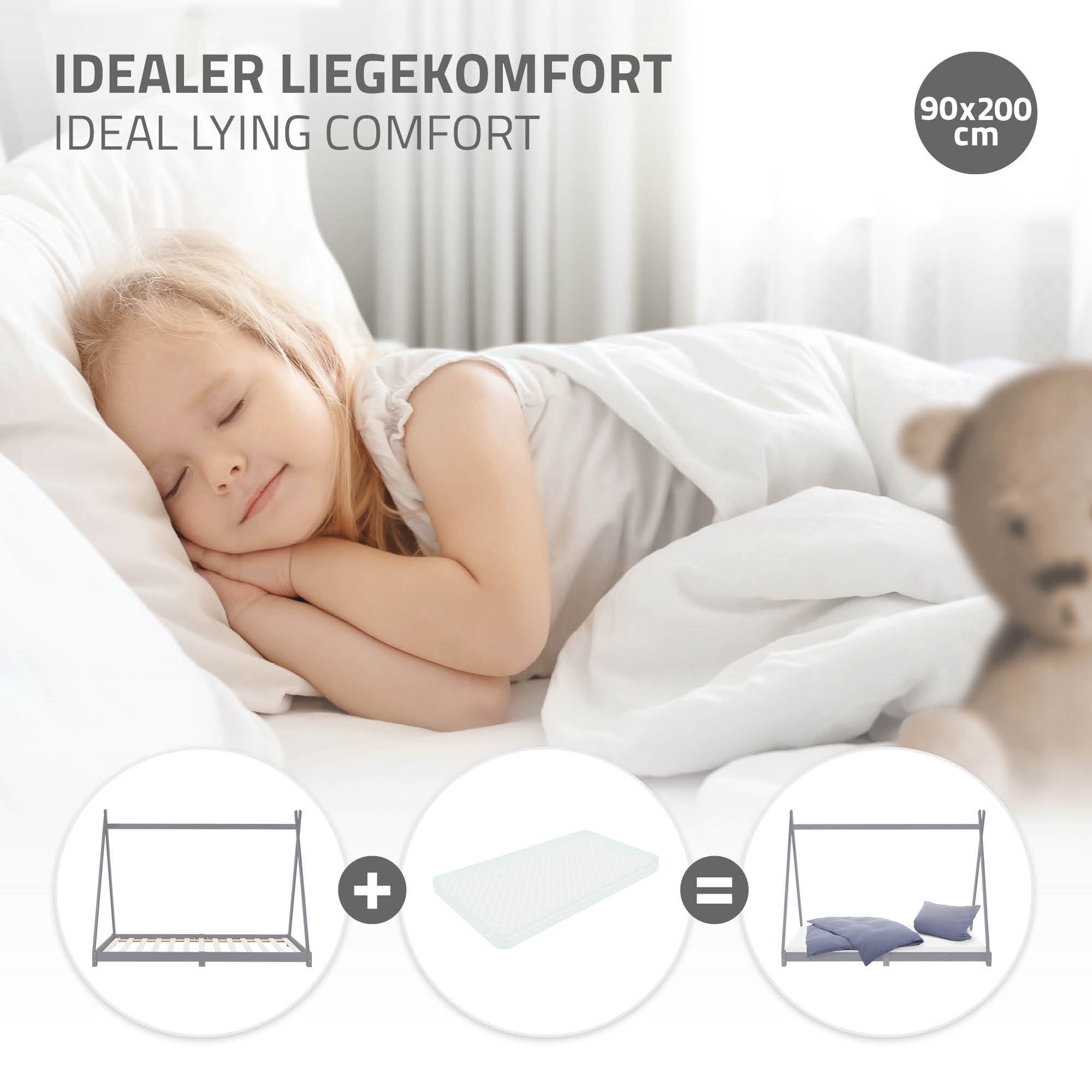Ein schlafendes Kind auf einem Bett mit Kissen und Decke.