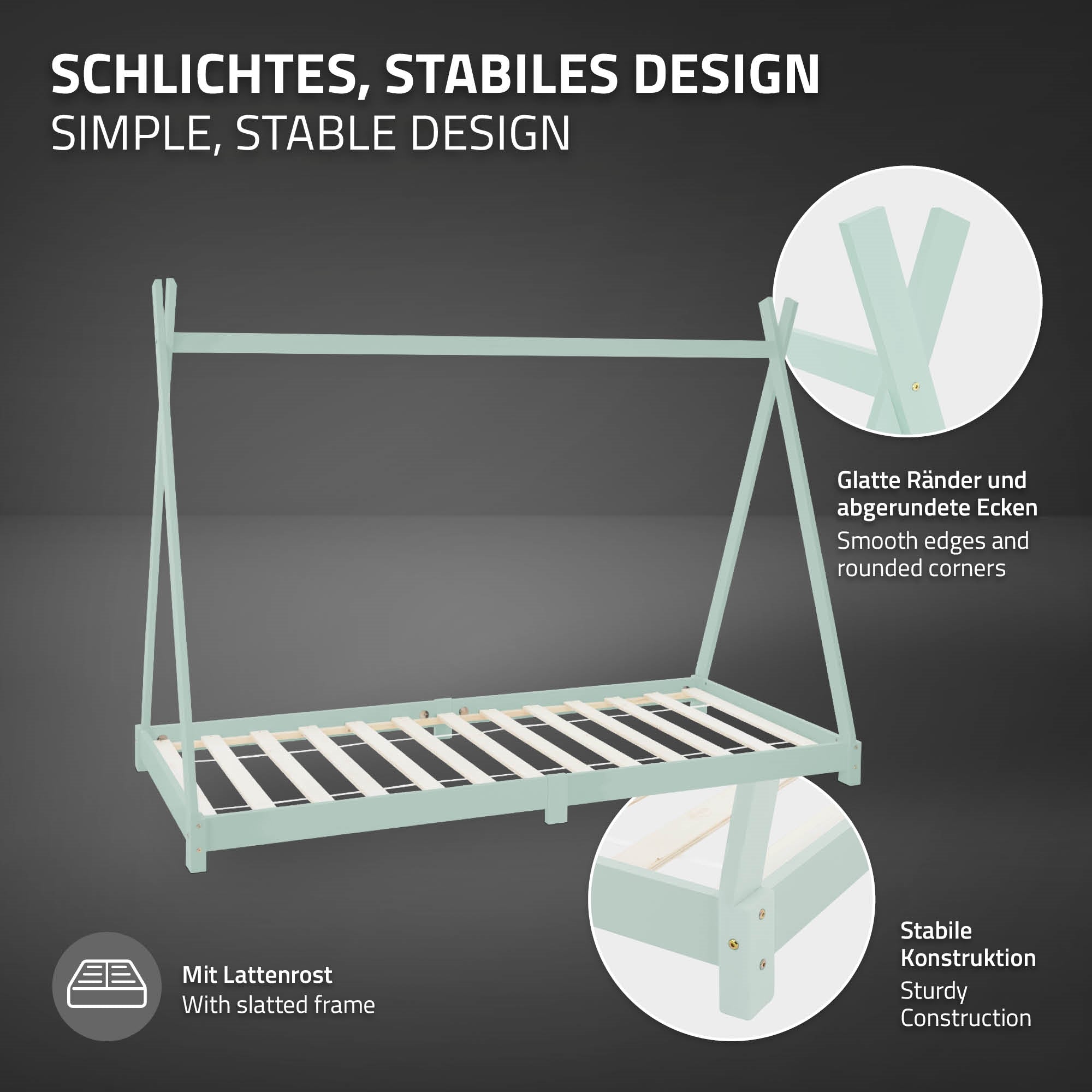 Mintgrünes Bettgestell mit slatted Rost und stabiler Bauweise.