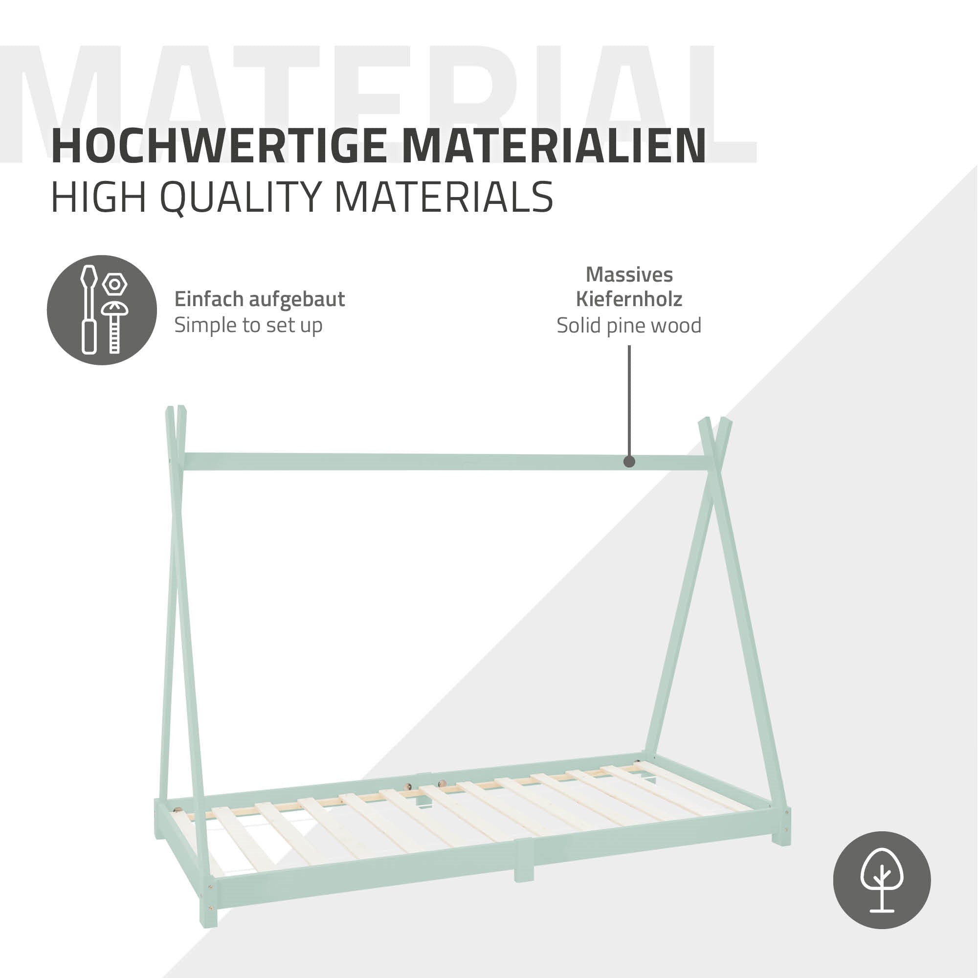 Holzrahmen eines Bettes in hellgrün mit Beschreibung der Materialien.