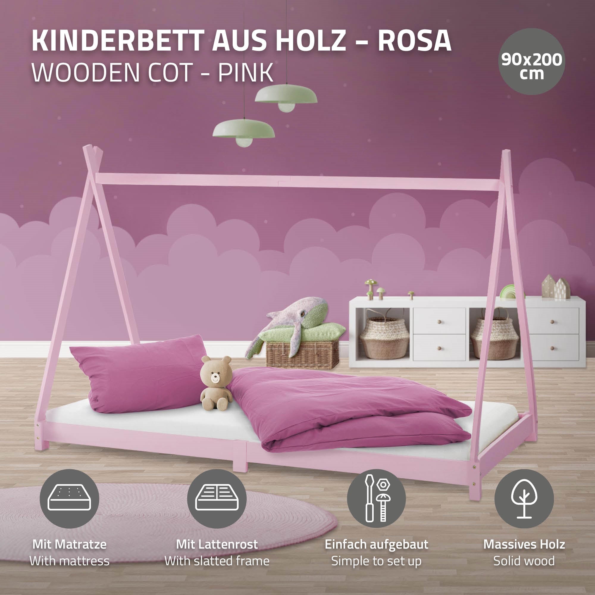 Holzbett in Rosa, mit Matratze und stabiler Konstruktion.