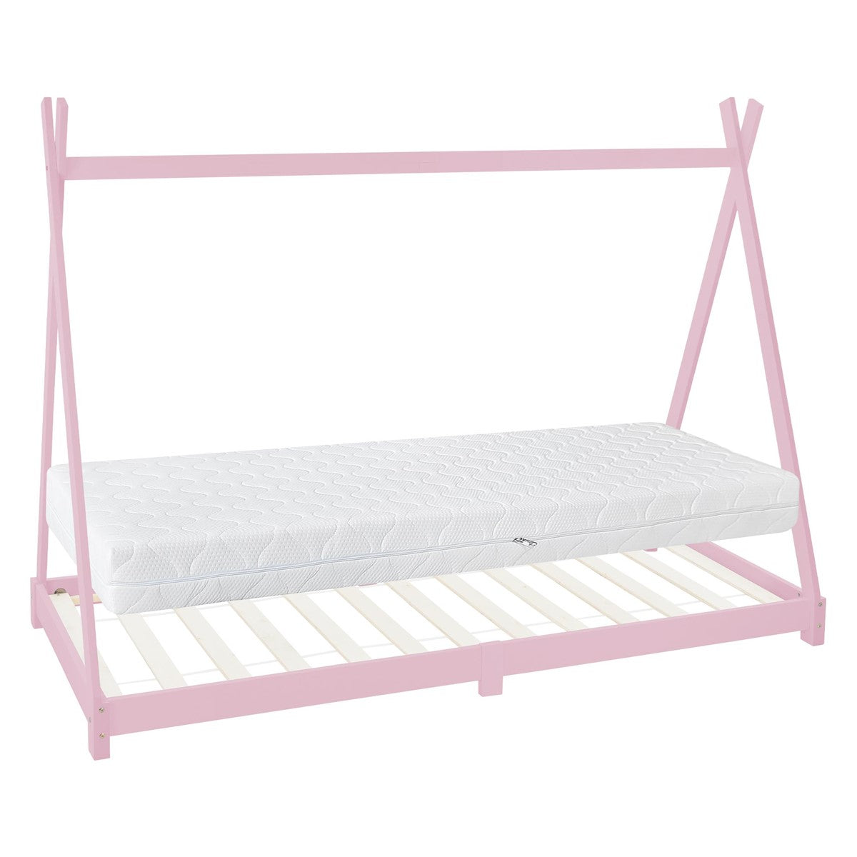 Estrutura de cama rosa com colchão de espuma fria, 90 × 200 cm.