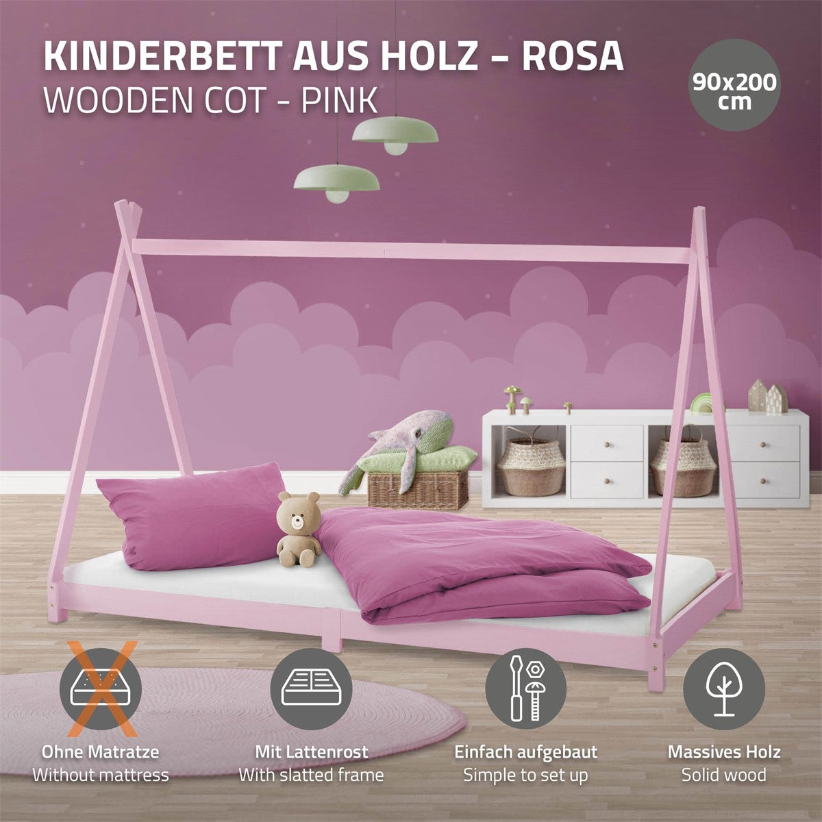 Cama infantil de madeira cor-de-rosa com colchão e estrado de ripas.