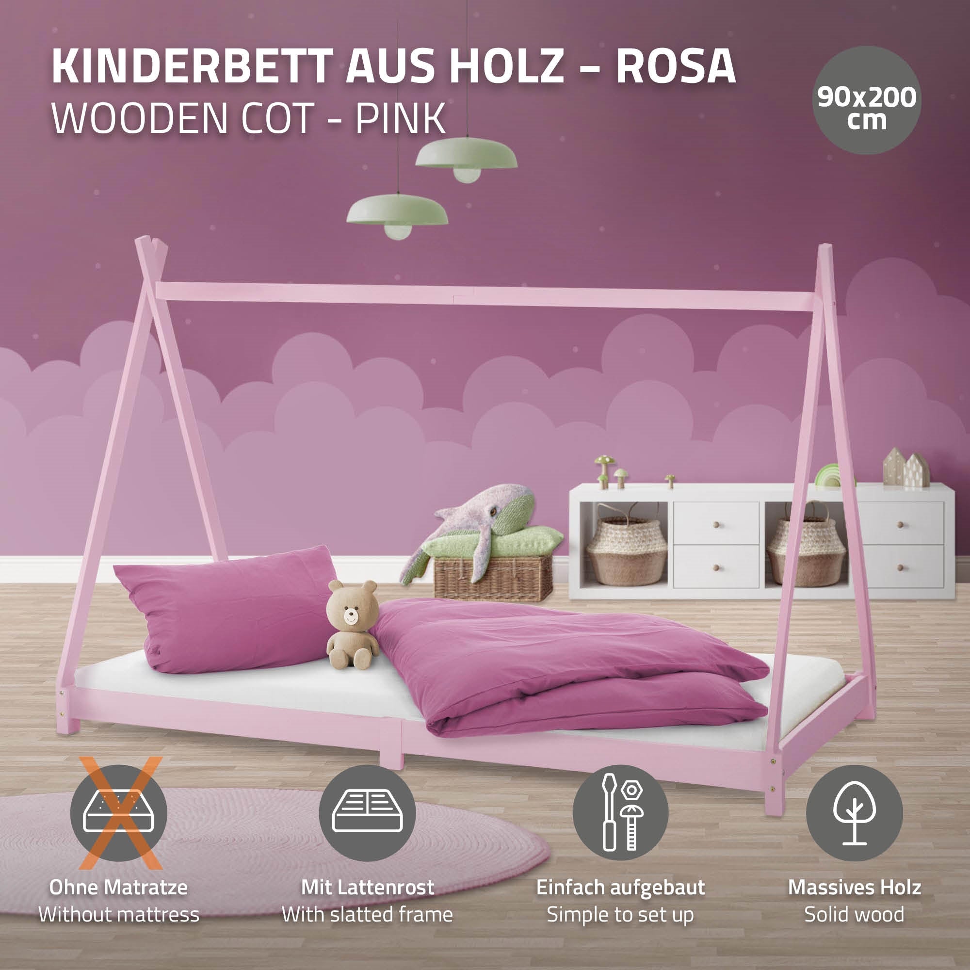 Rosa Kinderbett aus Holz mit Matratze und Lattengestell.