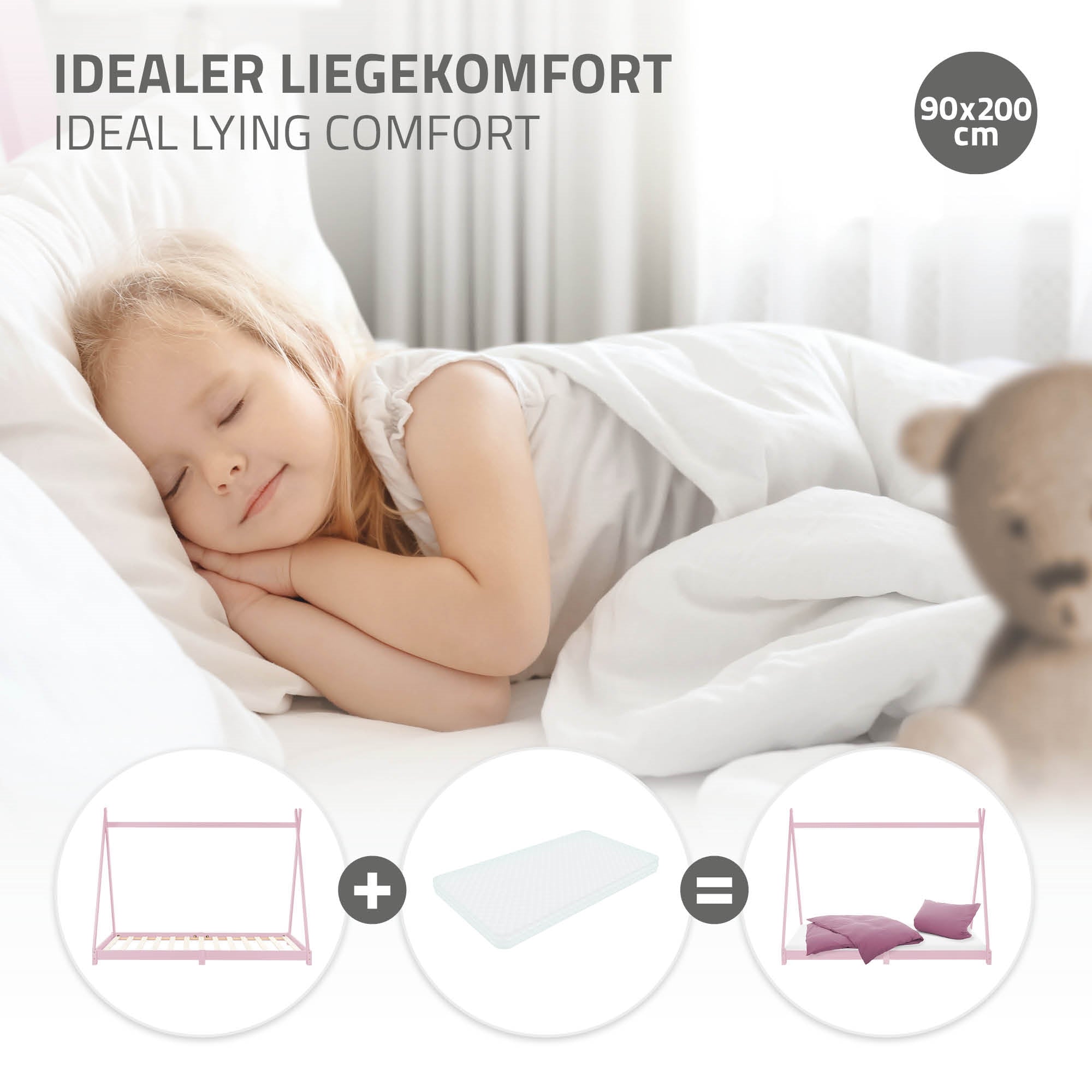 Ein schlafendes Kind auf einem Bett mit einer weißen Decke.