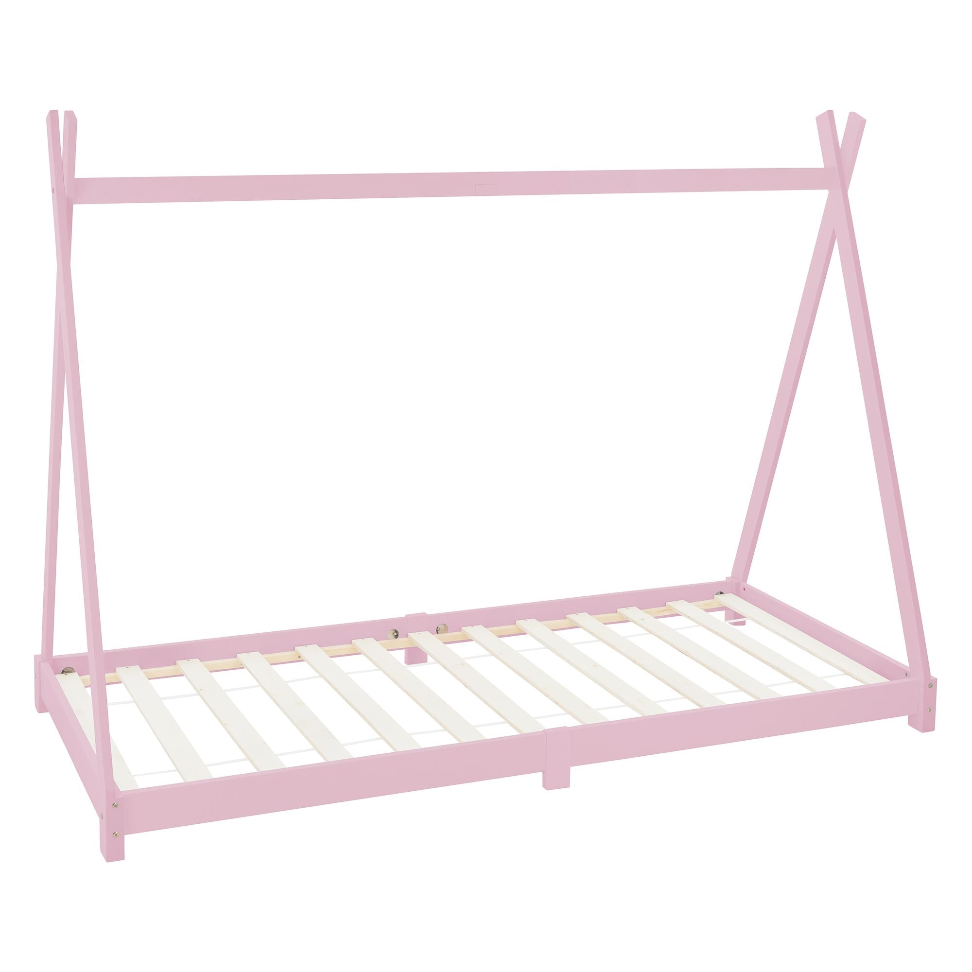 Ein rosa Kinderbett mit einem slatted frame und ohne Matratze.