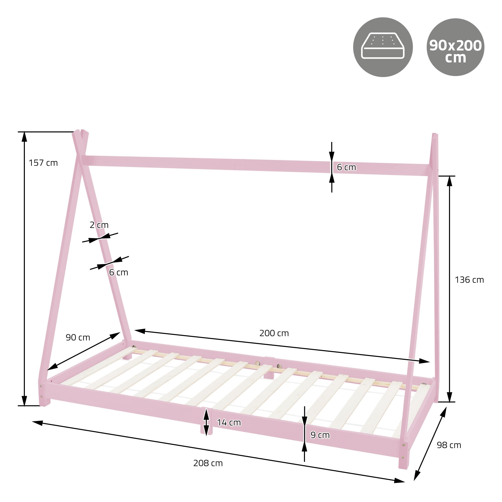 Ein pinkfarbenes Kinderbett mit Maßangaben und einem einfachen Design.