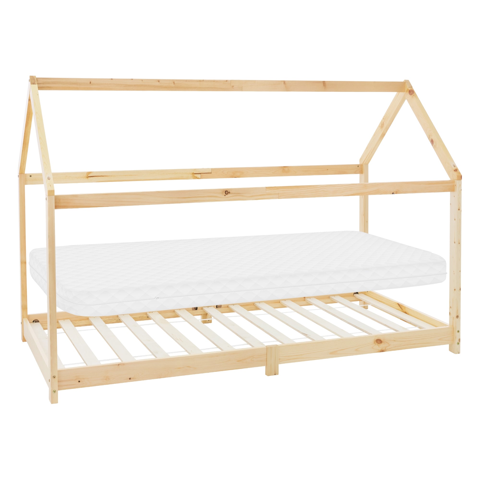 Ein Holzrahmenbett ohne Matratze, mit einem slatted frame.