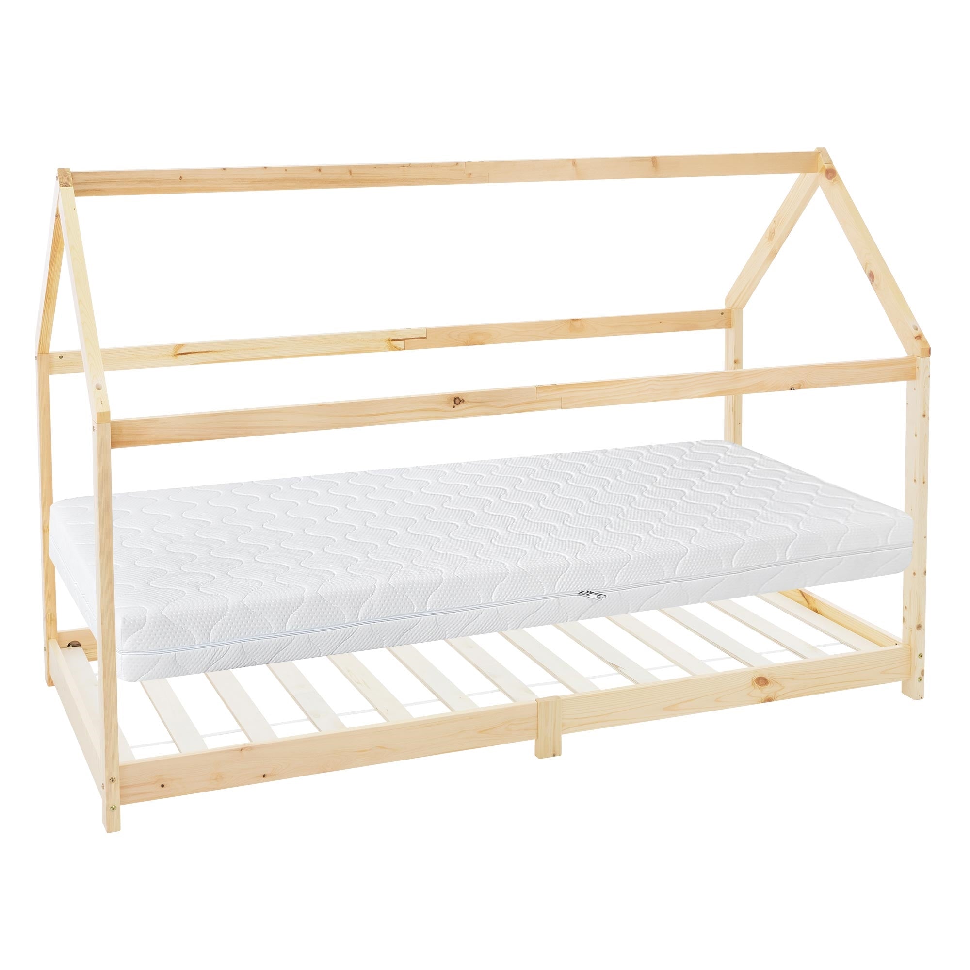 Ein Holzrahmenbett mit einer Matratze ohne Bettwäsche.