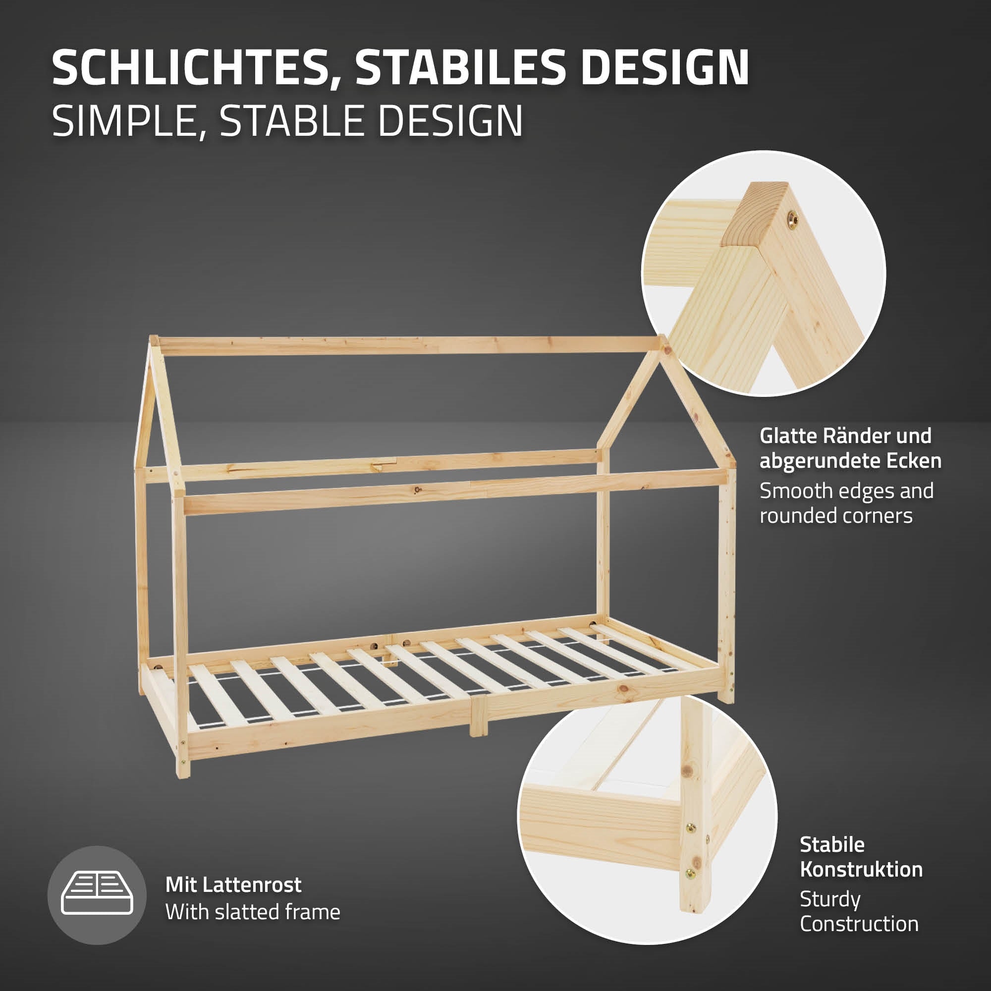 Holzgestell in Hausform mit glatten Rändern und abgerundeten Ecken.