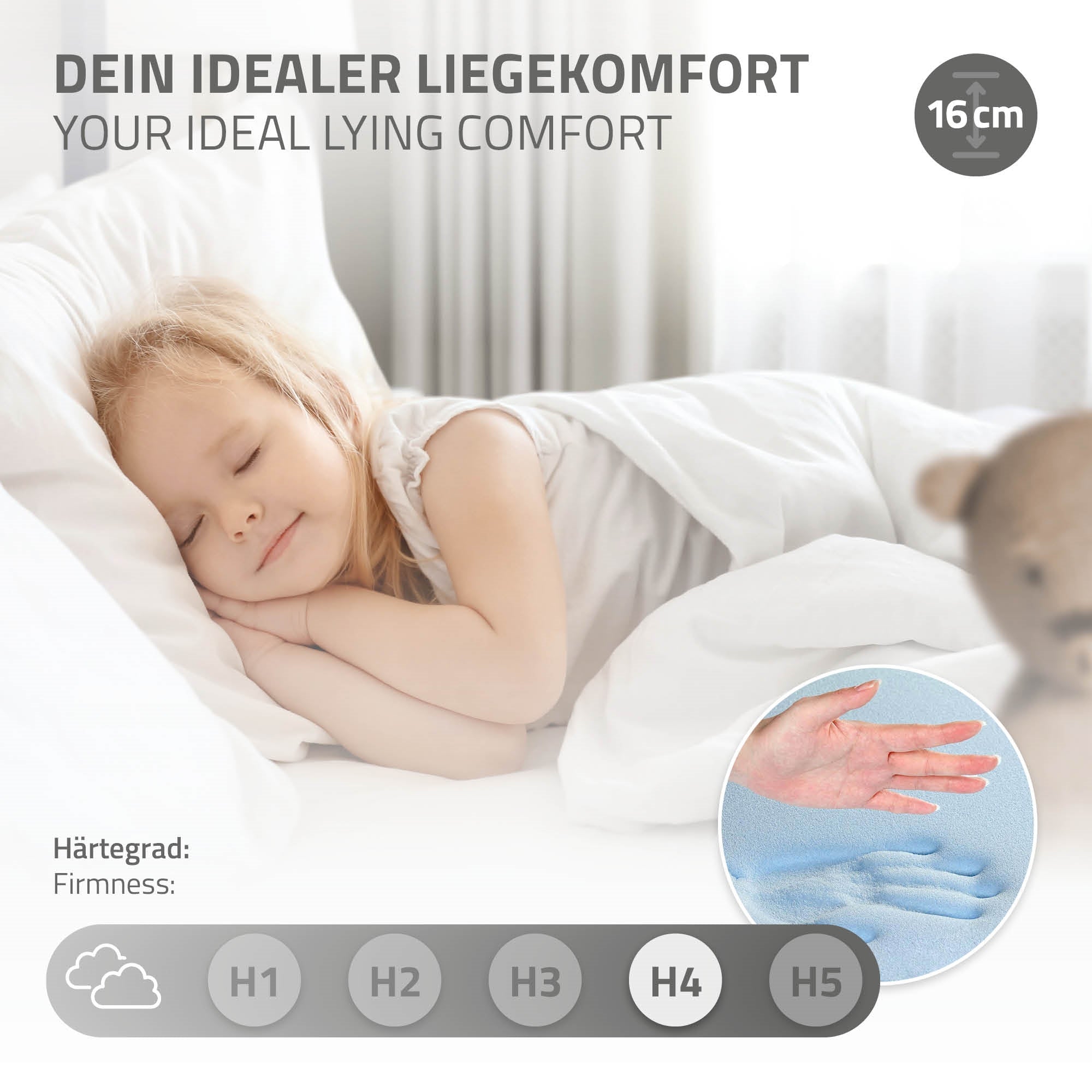 Schlafendes Kind auf einem Bett mit Matratze, die 16 cm hoch ist.
