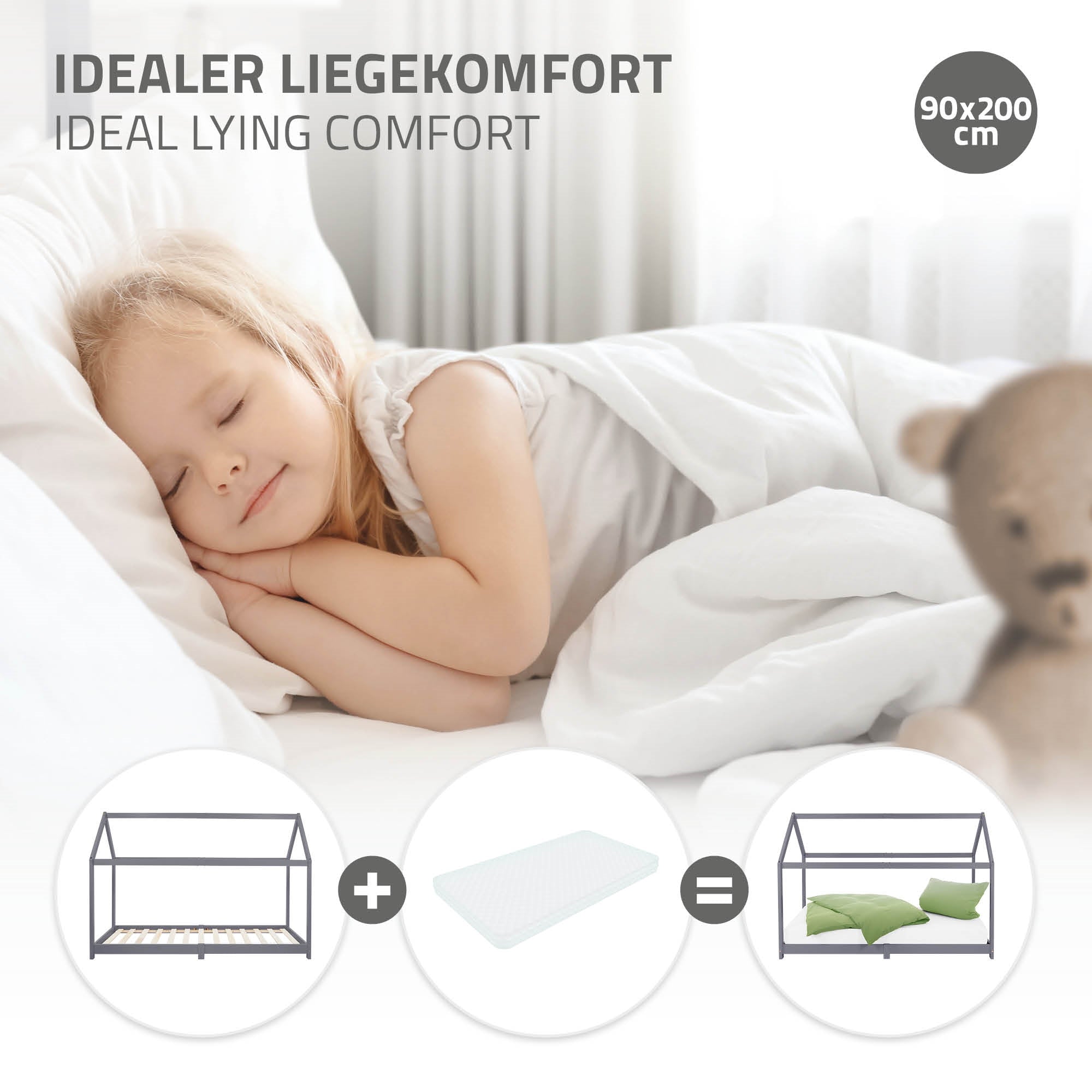 Kind slaapt op een bed met kussen en deken, 90x200 cm.