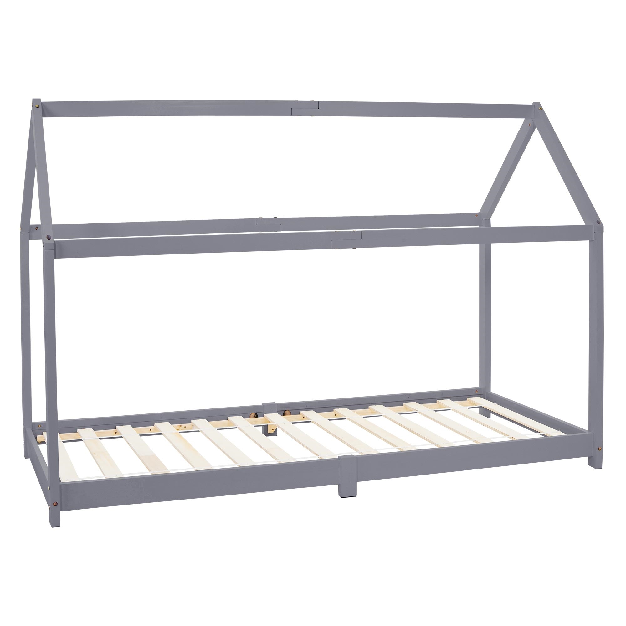 Graues Holzgestell eines Bettes in Dachform.