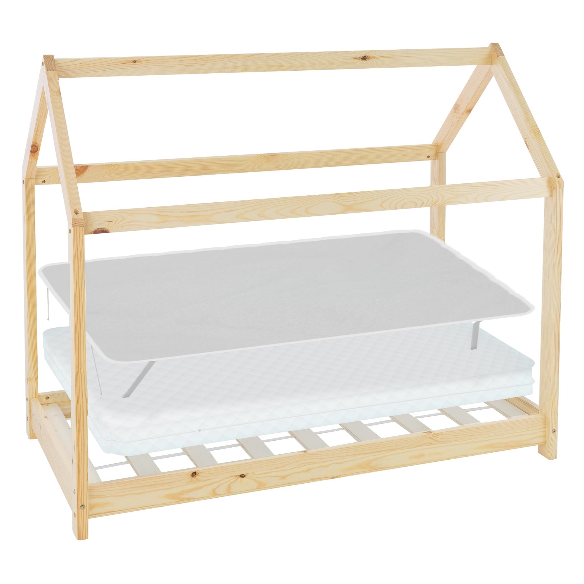 Wooden children's bed in house shape with two mattresses and slatted frame.