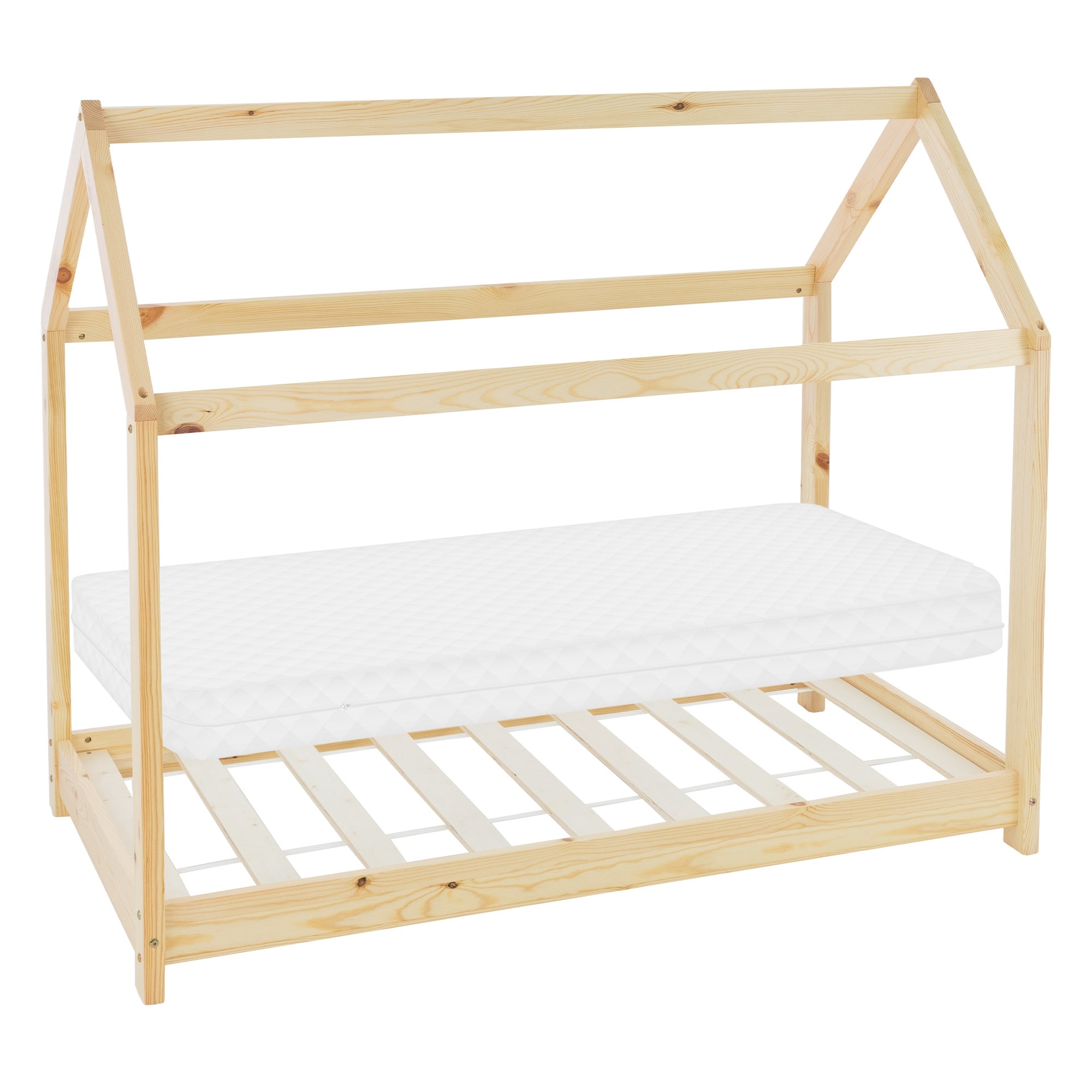 Bettgestell aus Holz in Naturfarbe mit Matratze und Dachform.
