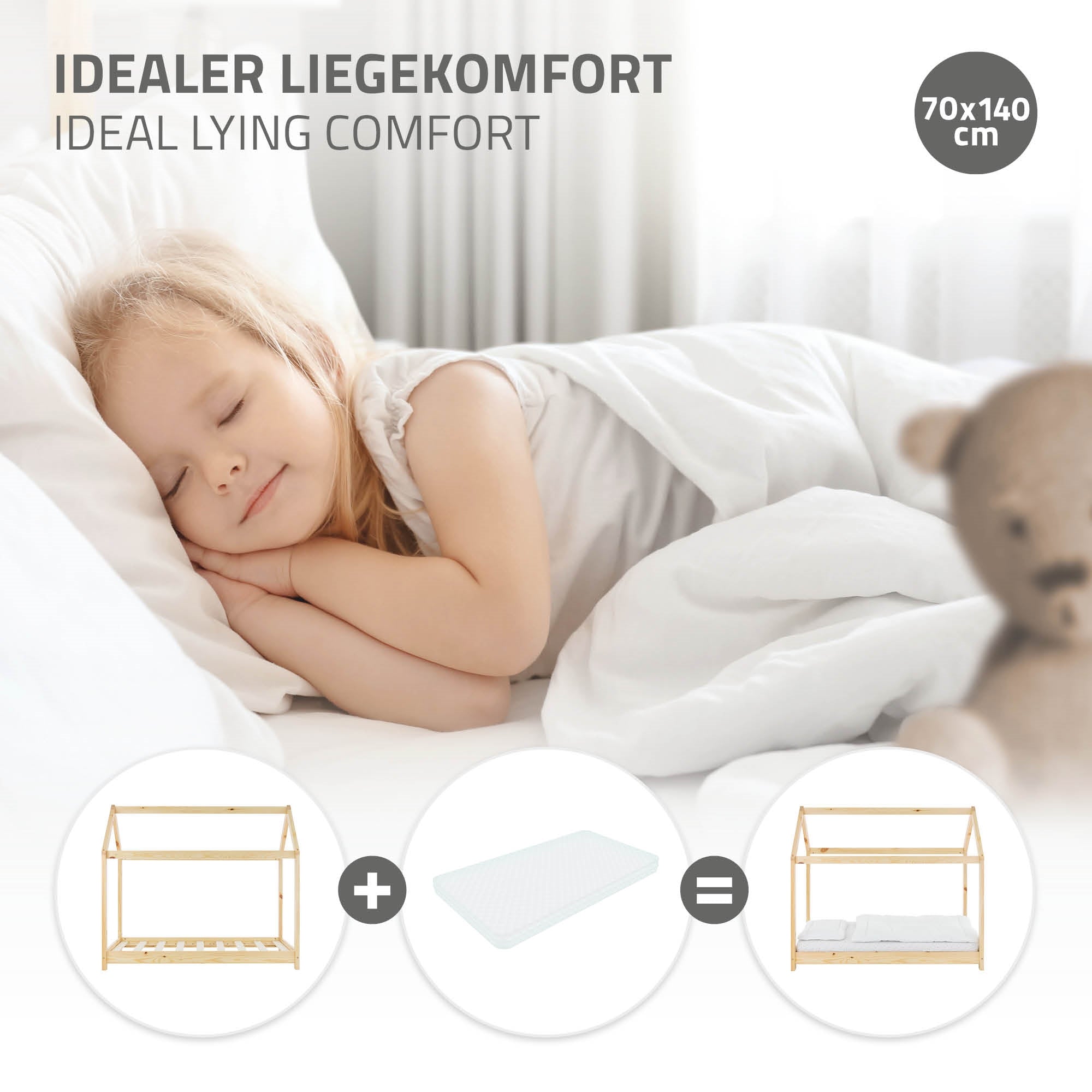 Ein schlafendes Kind auf einem Bett mit einer Decke und einem Kissen.